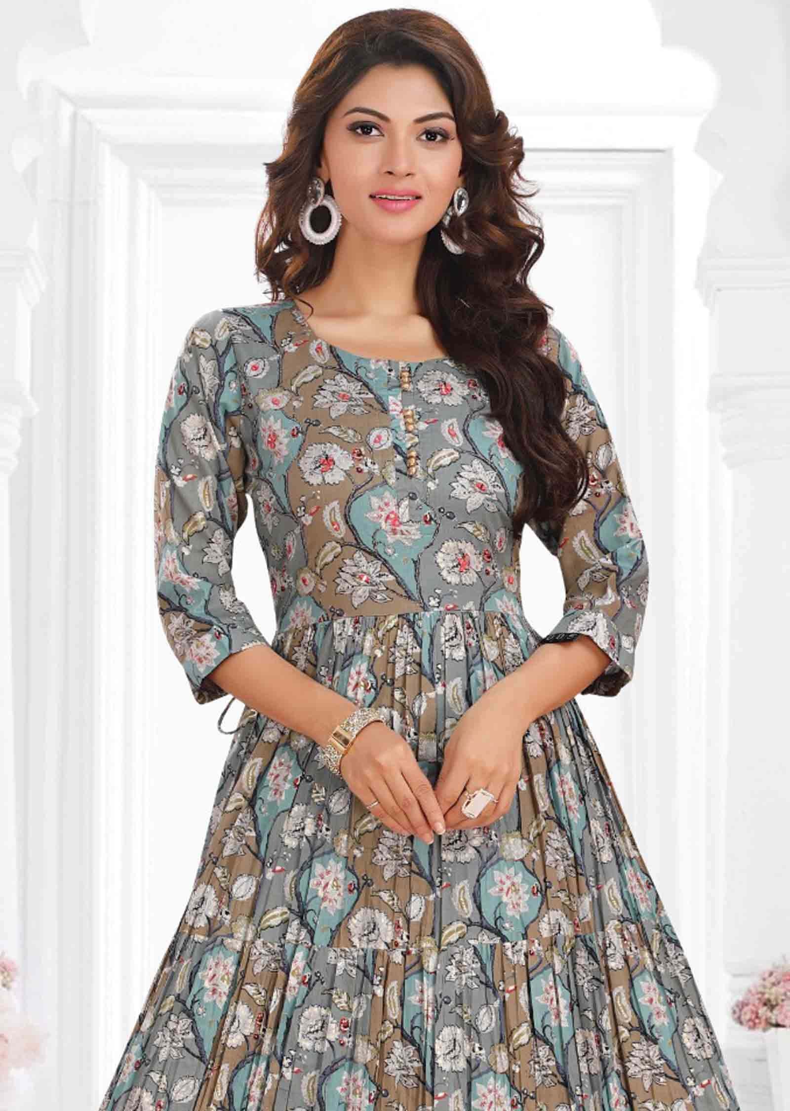 Grey Cotton Printed Kurti Full legth