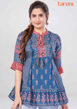 Light Blue Muslin Printed Short Kurti