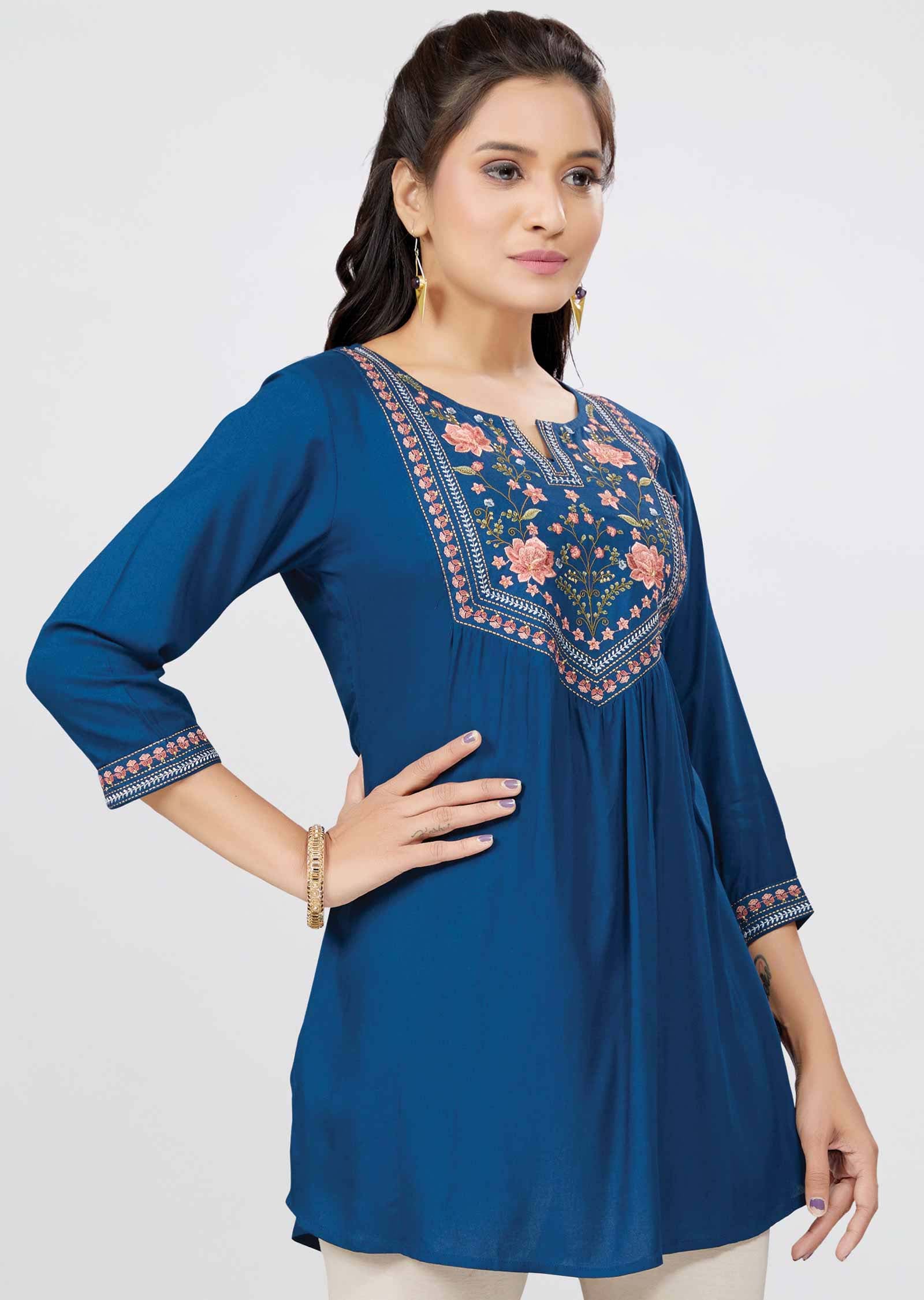 Teal Blue Reyon Resham Work Short Kurti