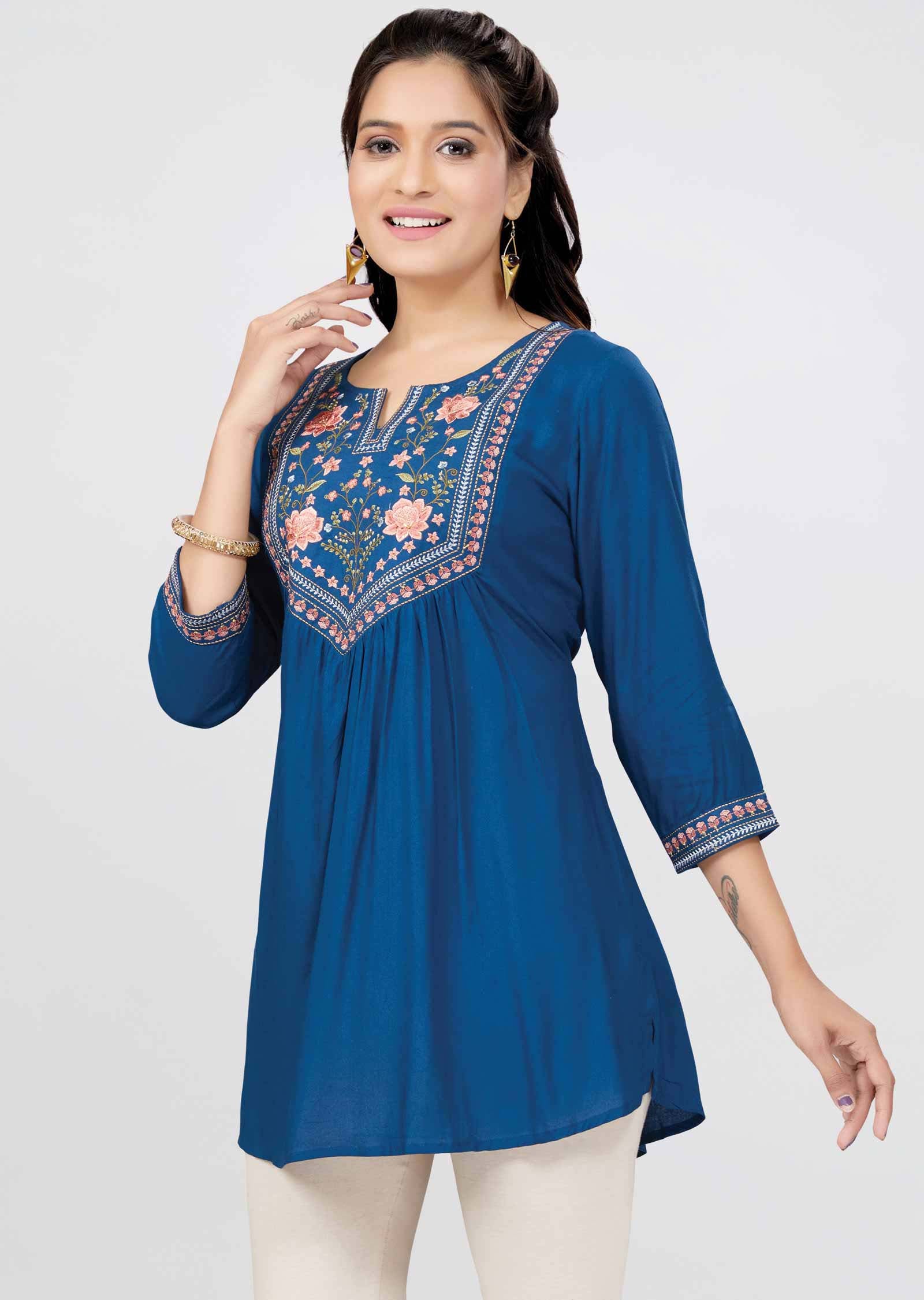 Teal Blue Reyon Resham Work Short Kurti