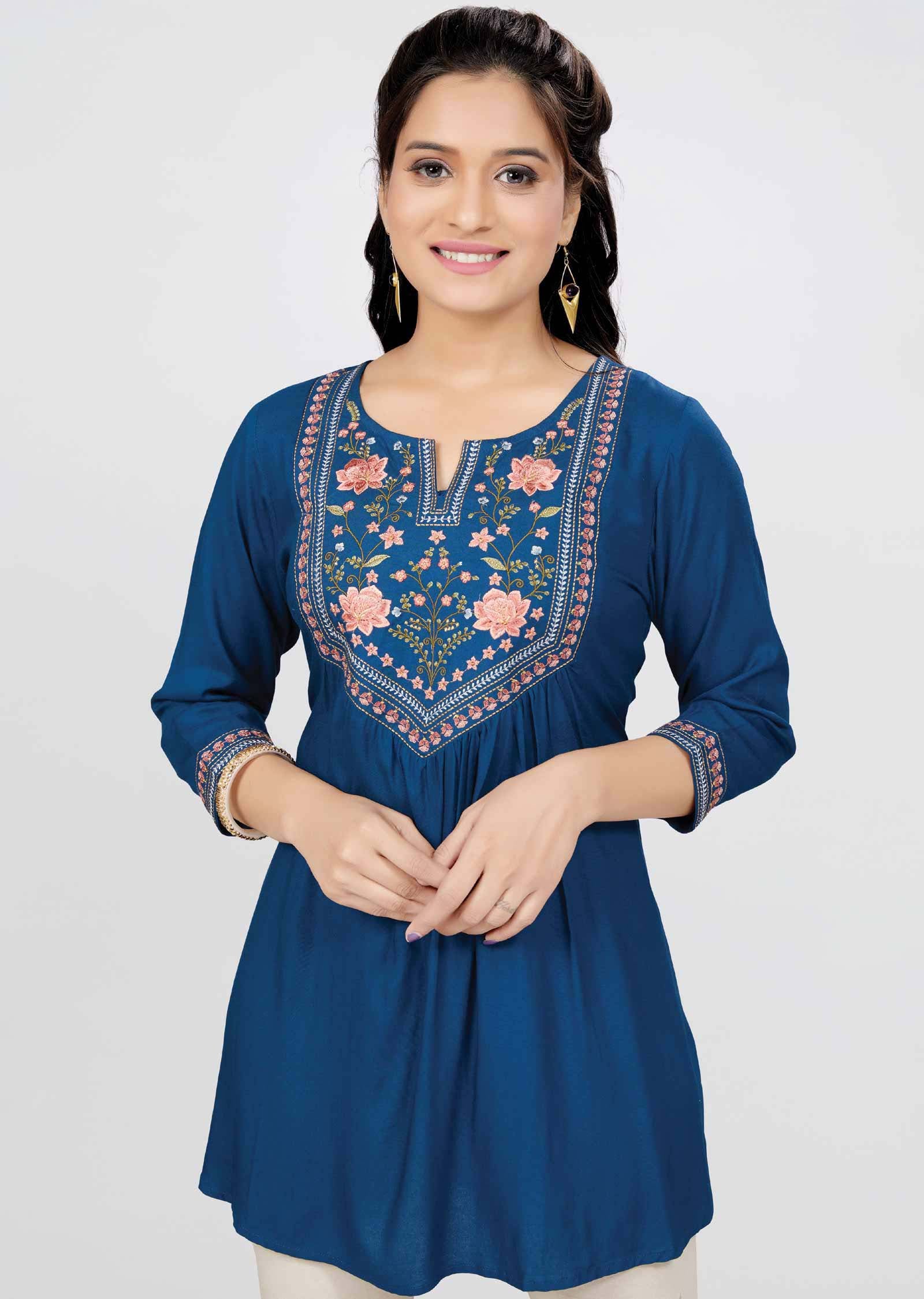 Teal Blue Reyon Resham Work Short Kurti