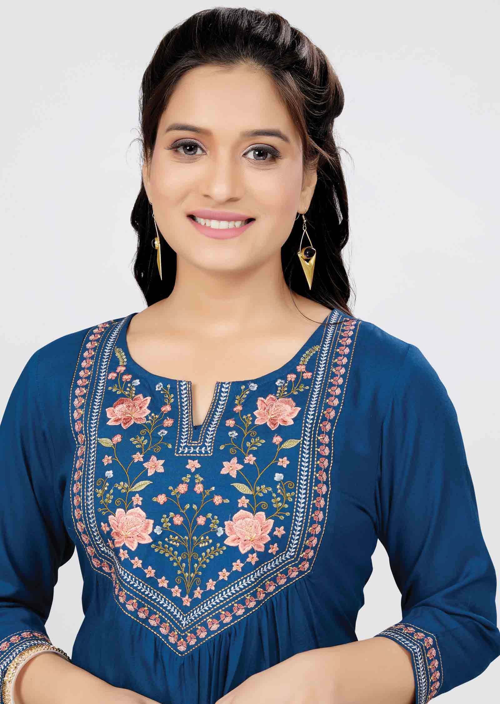 Teal Blue Reyon Resham Work Short Kurti