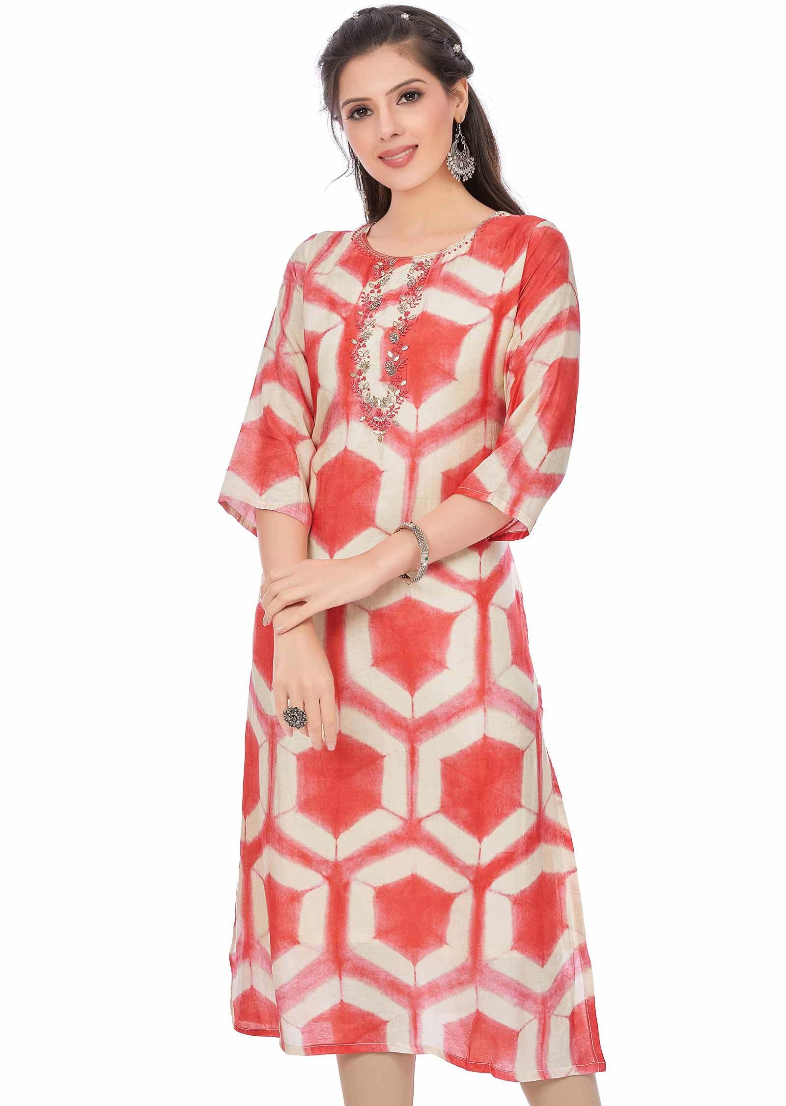 cream/Red Dola Silk Zardosi & Embroidered Straight Cut Kurti