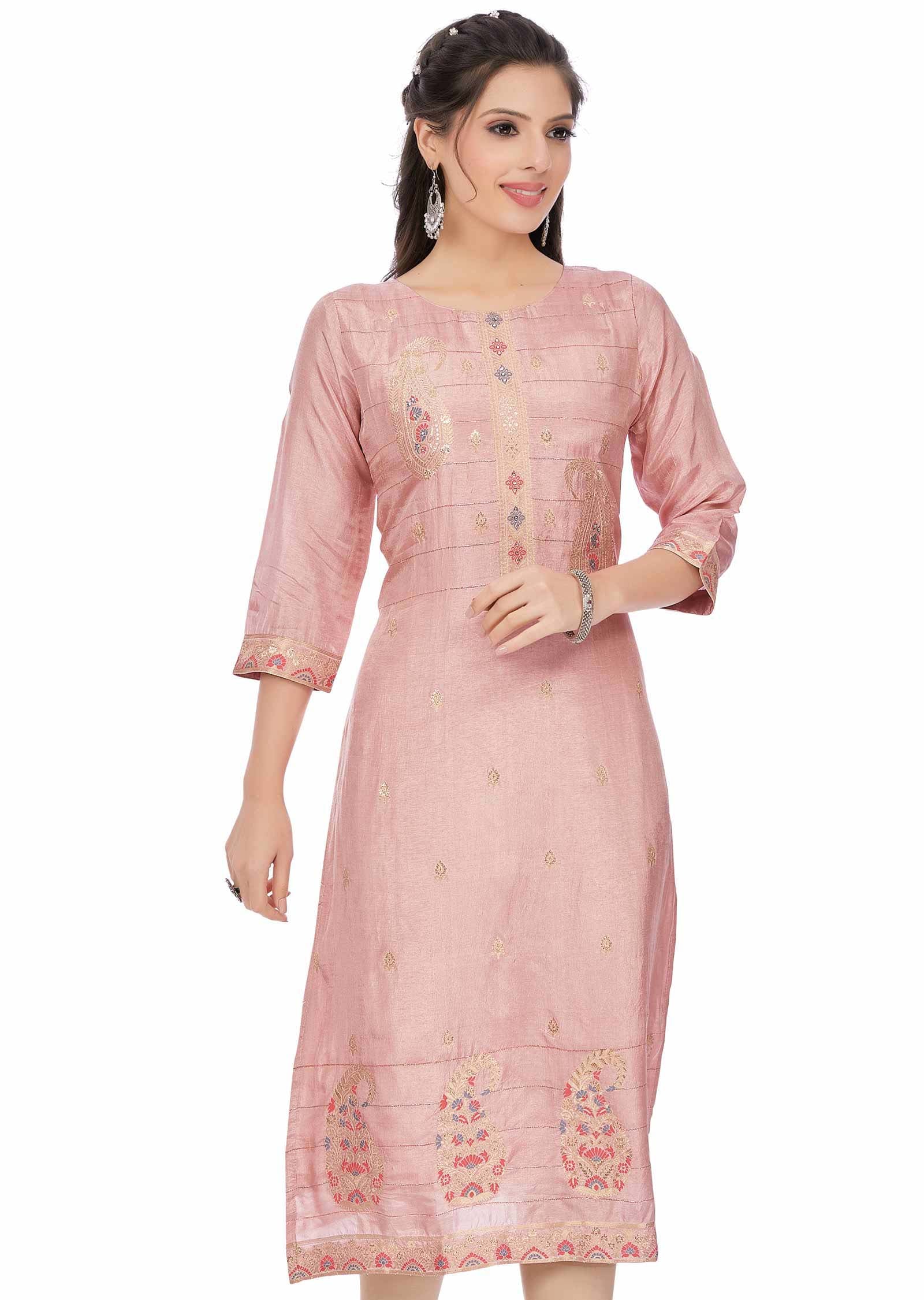 Pink Banaras Silk Kurti  Straight Cut