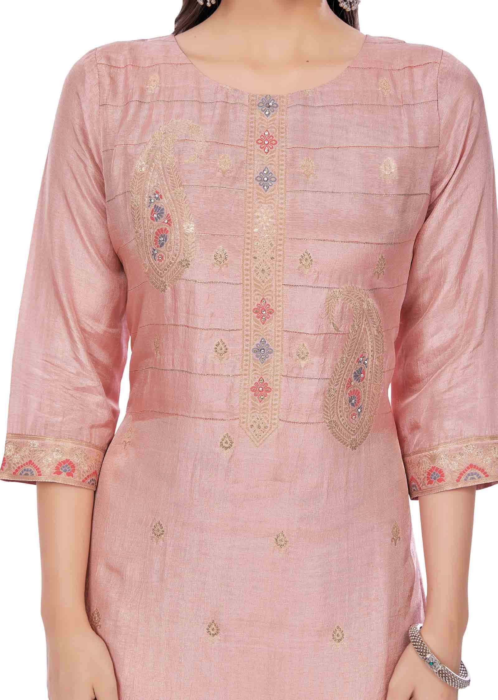 Onion Pink Banaras Silk Straight Cut Kurti