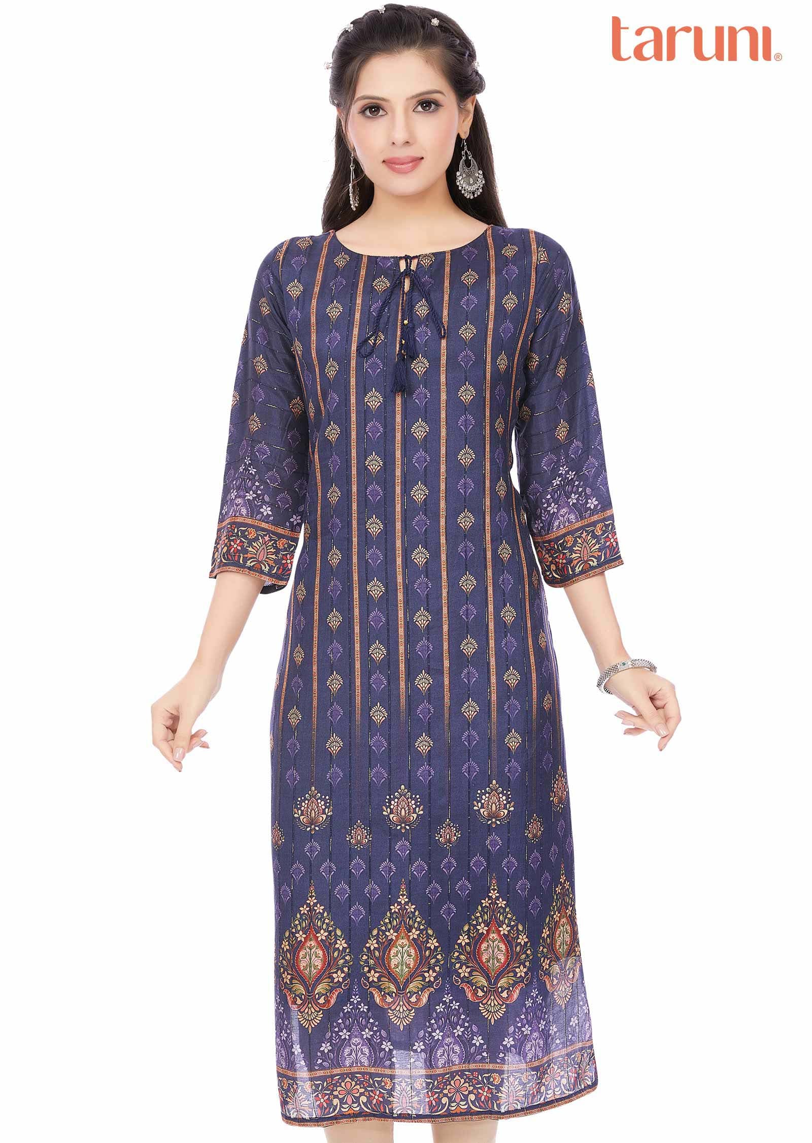 Navy Blue Dola Silk Printed Straight Cut Kurti