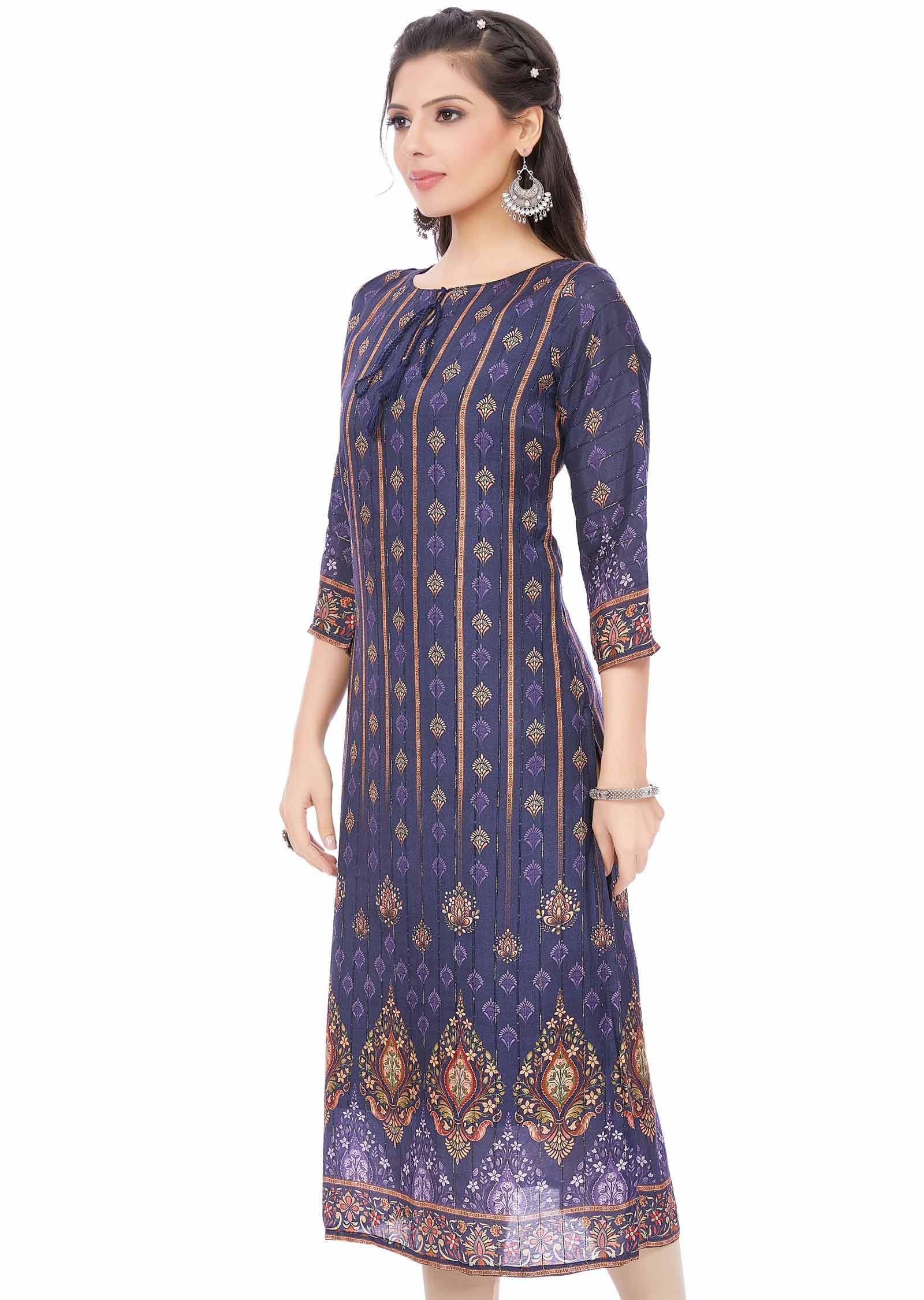 Navy Blue Dola Silk Printed Straight Cut Kurti