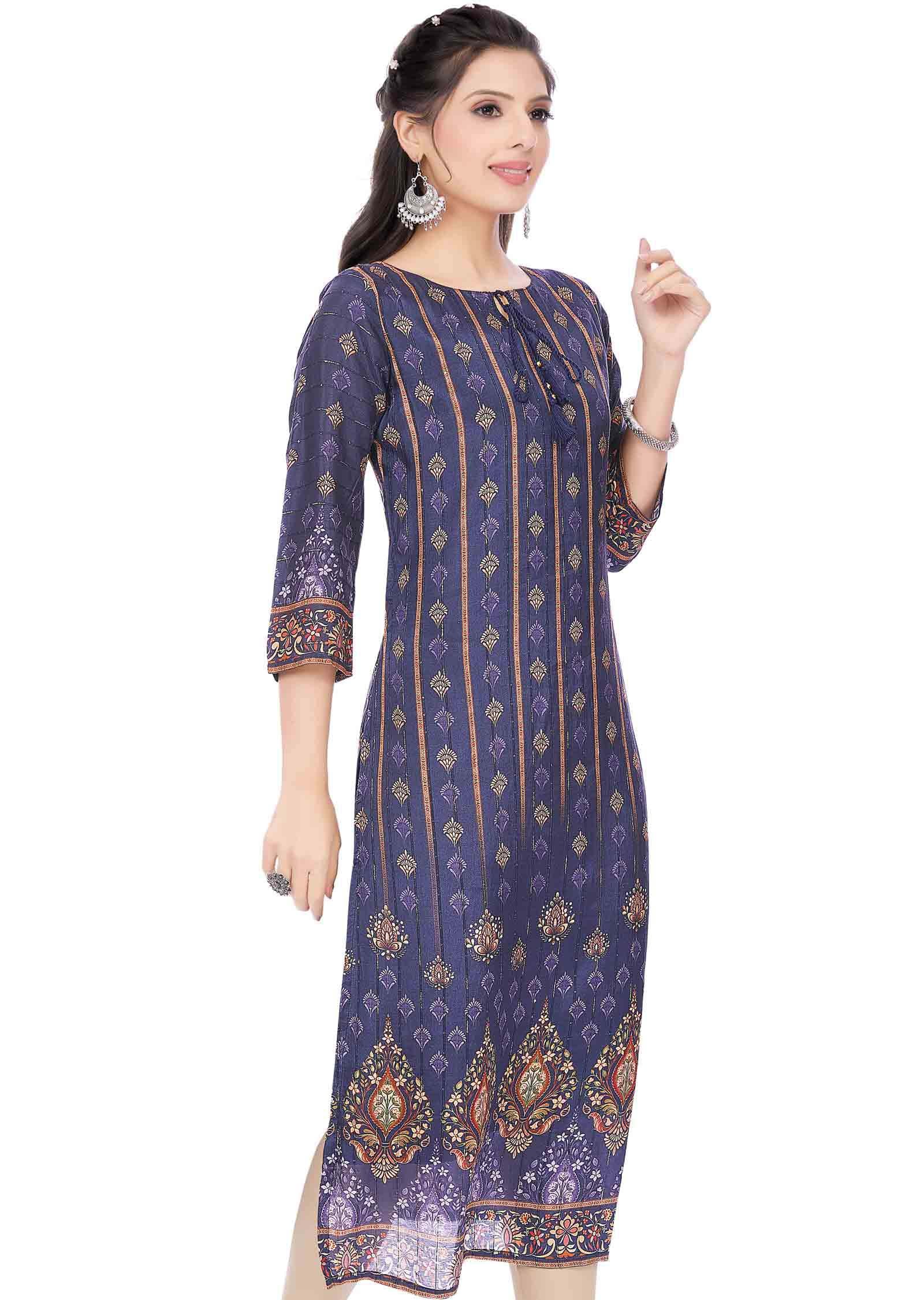 Navy Blue Dola Silk Printed Straight Cut Kurti