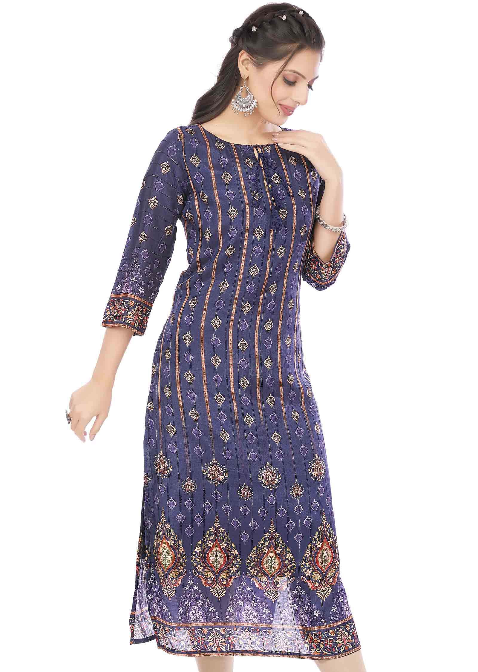 Navy Blue Dola Silk Printed Straight Cut Kurti