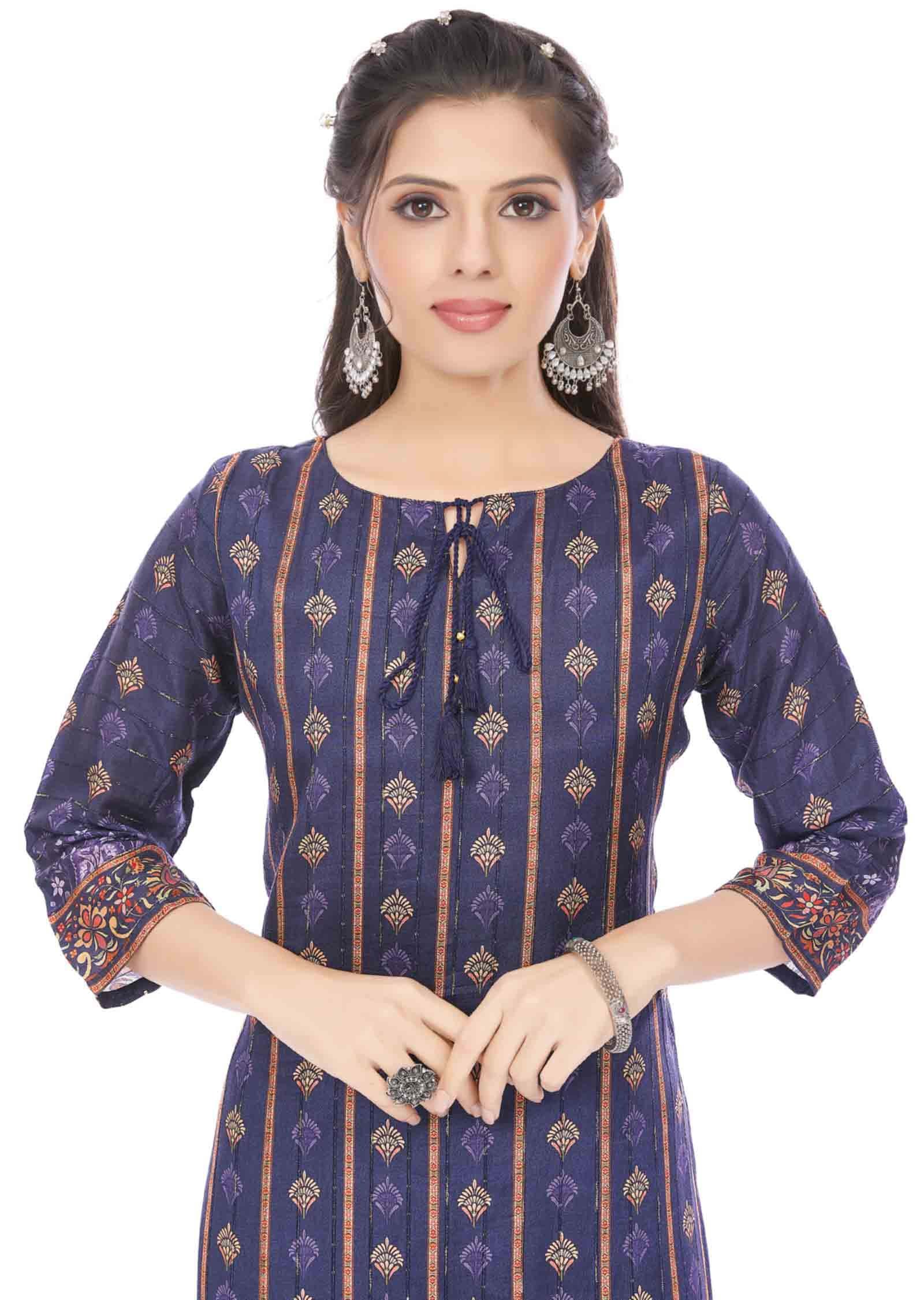 Navy Blue Dola Silk Printed Straight Cut Kurti