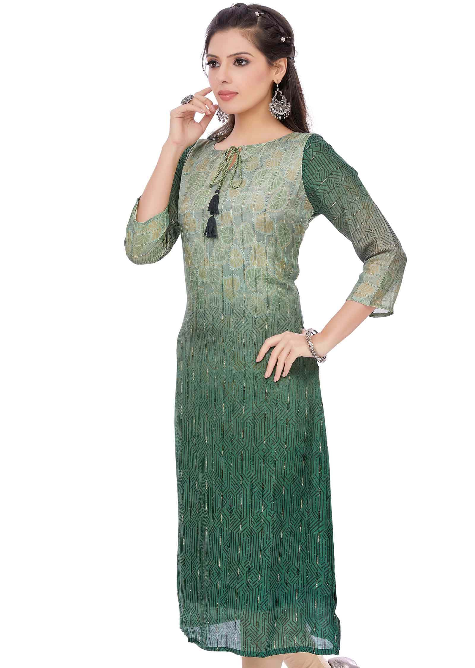 Green Dola Silk Sequins Straight Cut Kurti