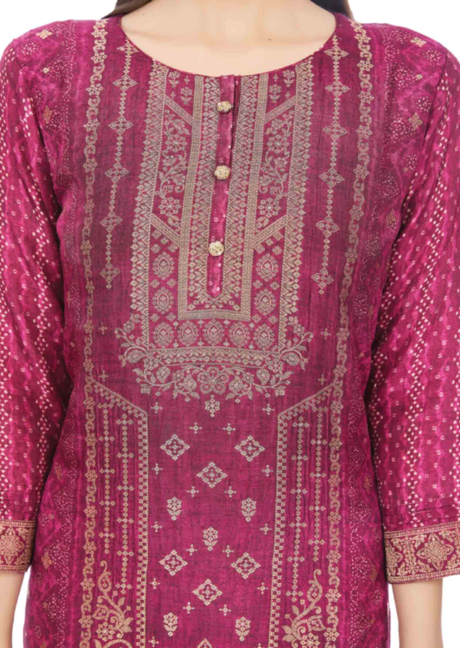 Meganta Banaras Silk Printed Straight Cut Kurti