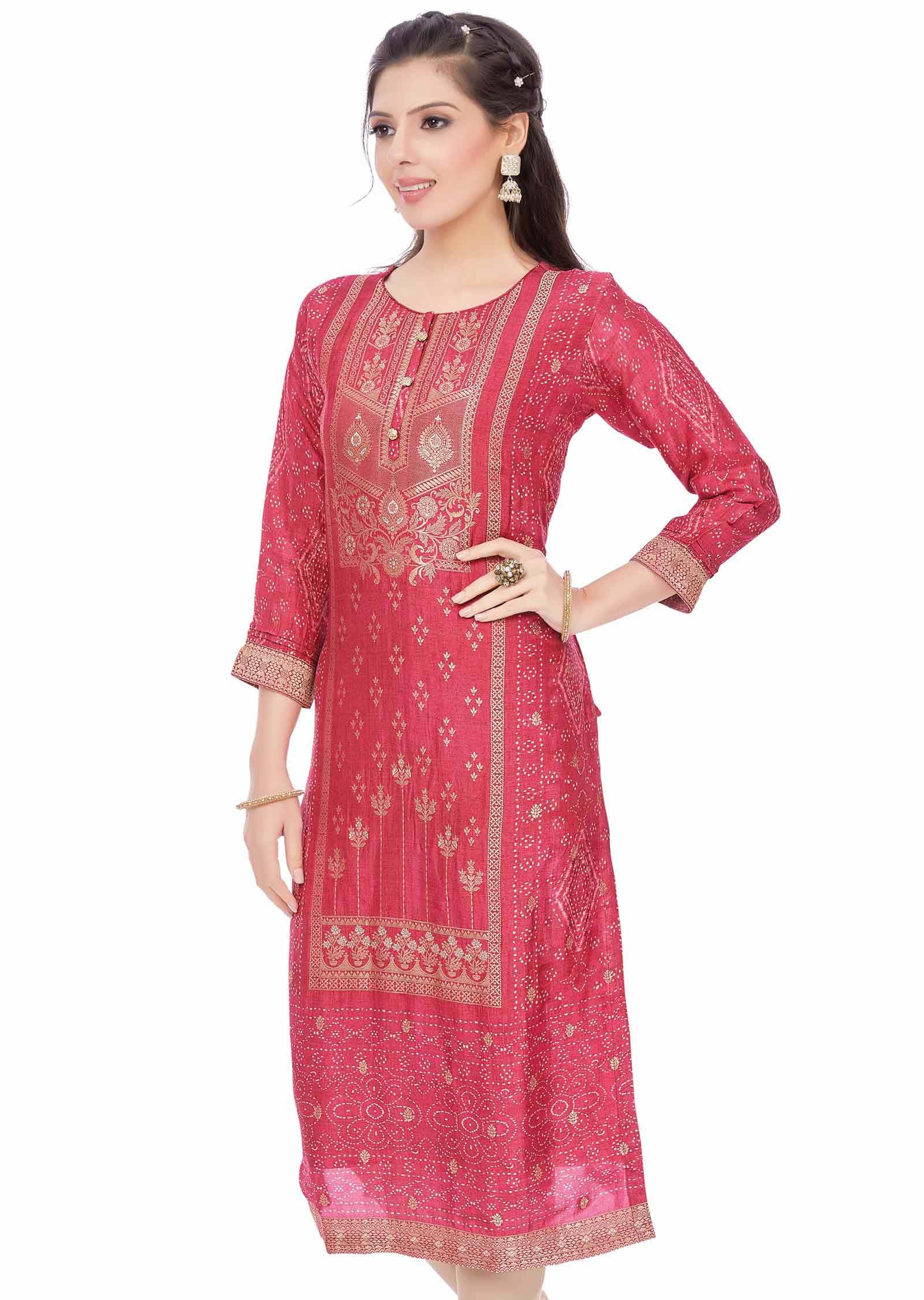 Pink Banaras Silk Kurti  Straight Cut