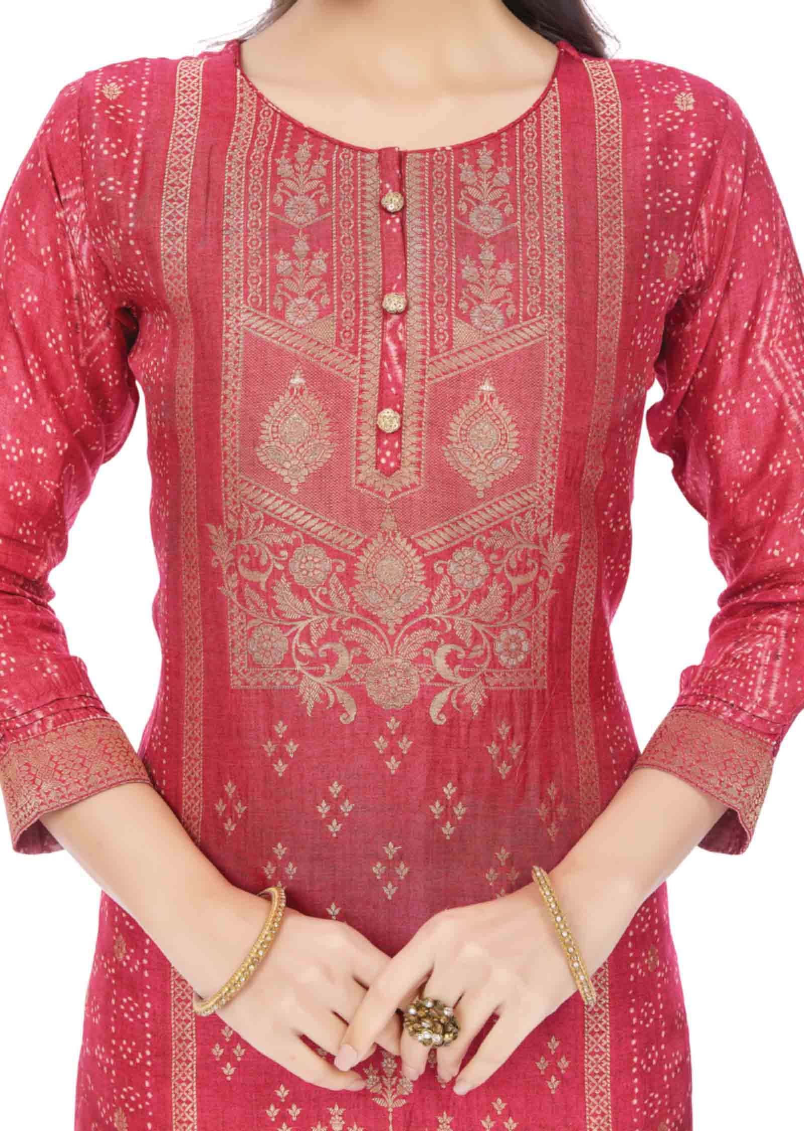 Rani Pink Banaras Silk Printed Straight Cut Kurti