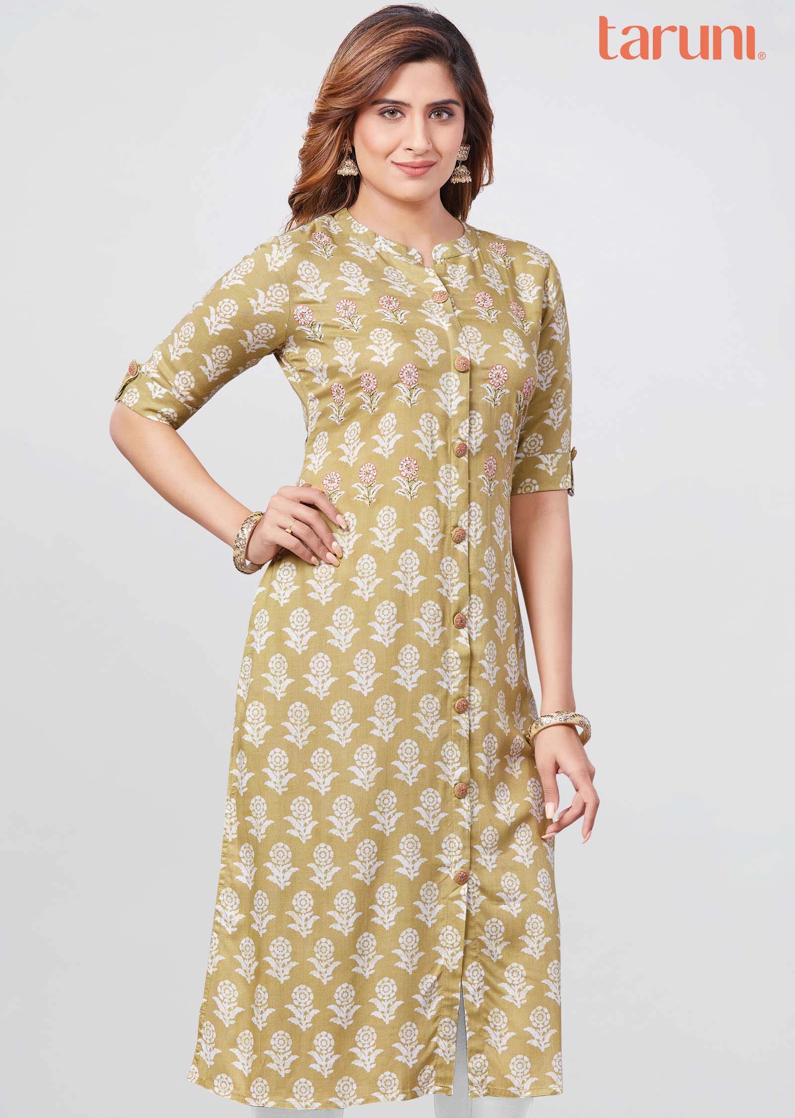 Beige Reyon Kurti  Straight Cut