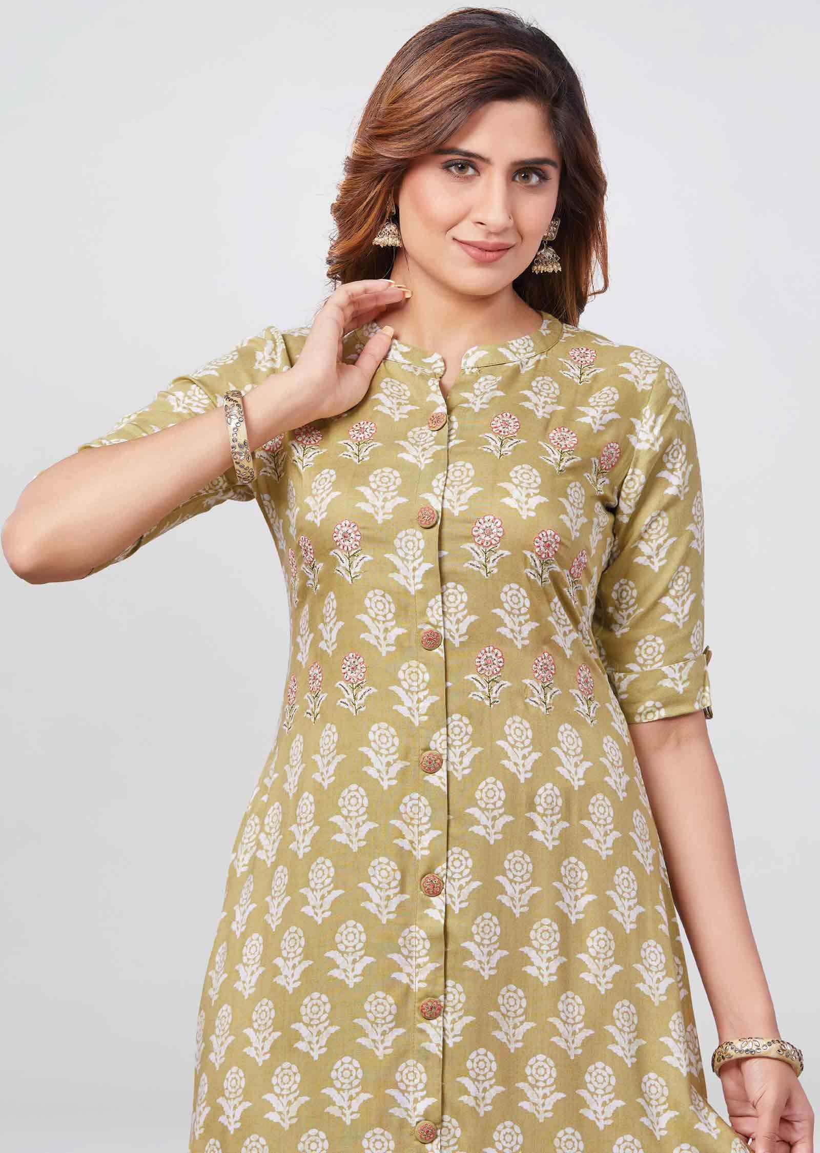 Beige Reyon Kurti  Straight Cut