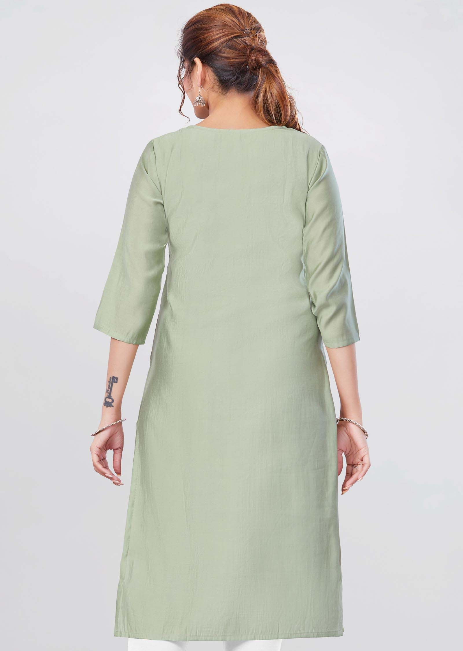 Pista Green Soft Silk Straight Cut Kurti