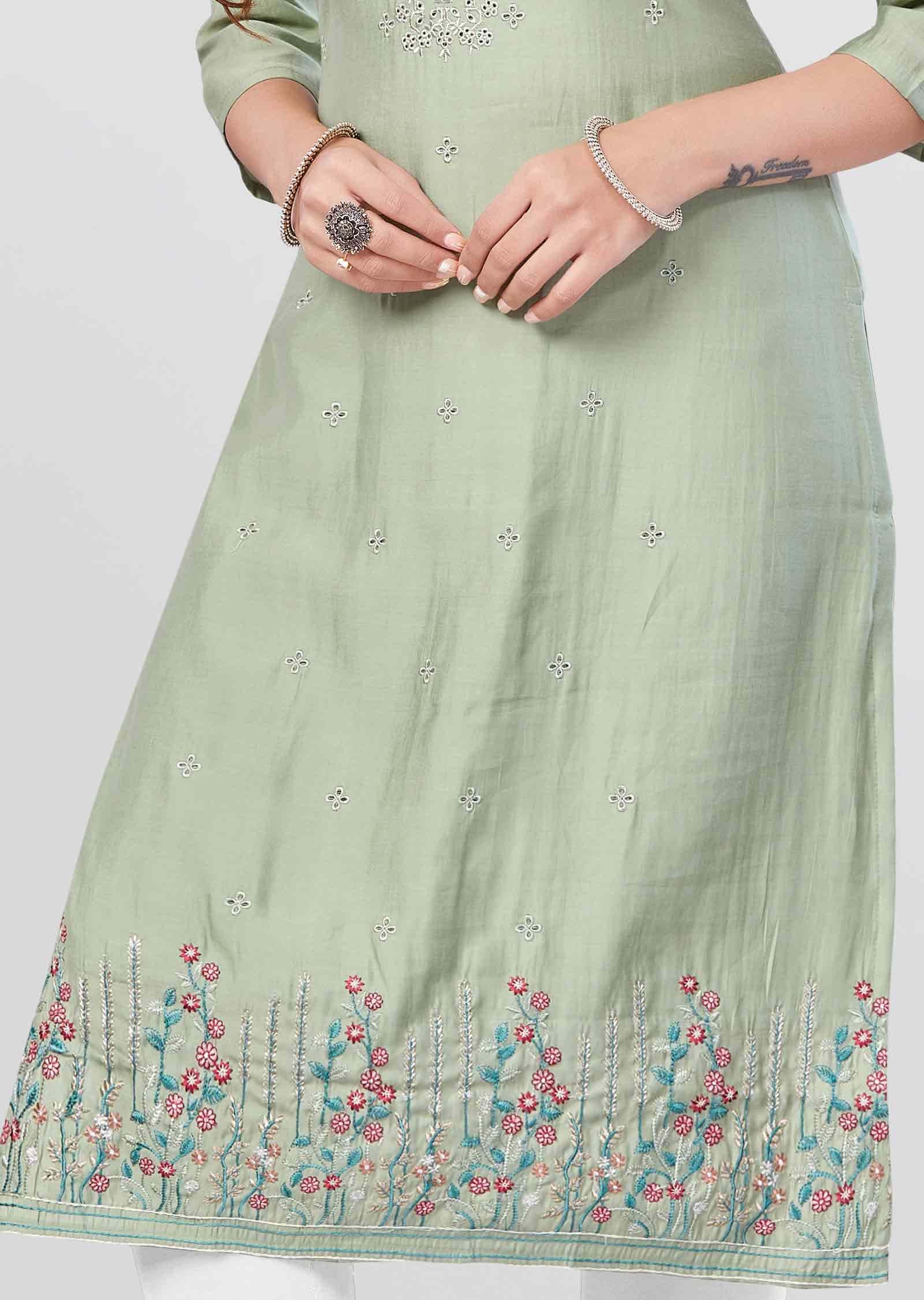 Pista Green Soft Silk Straight Cut Kurti