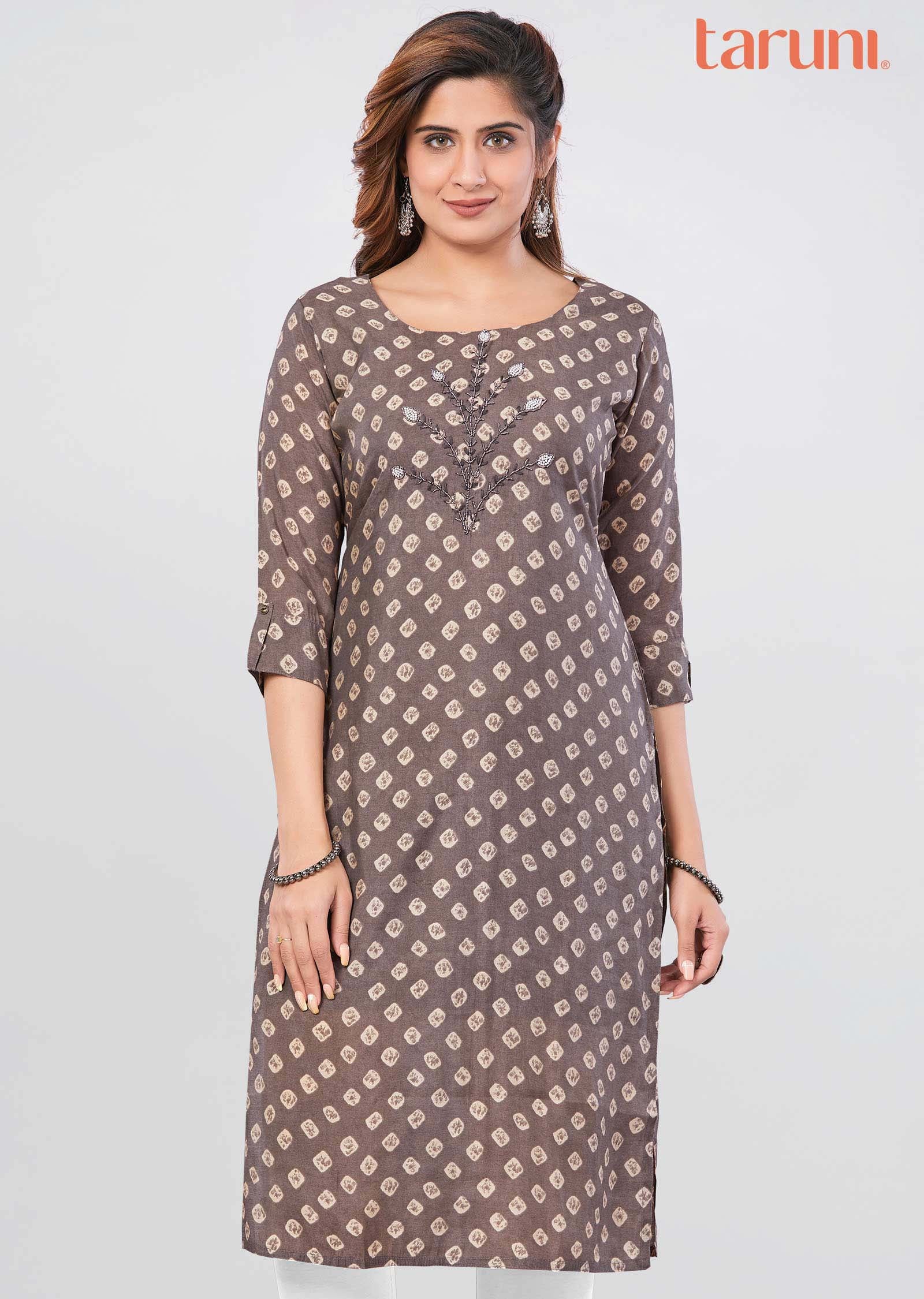 Brown Muslin Printed Straight Cut Kurti