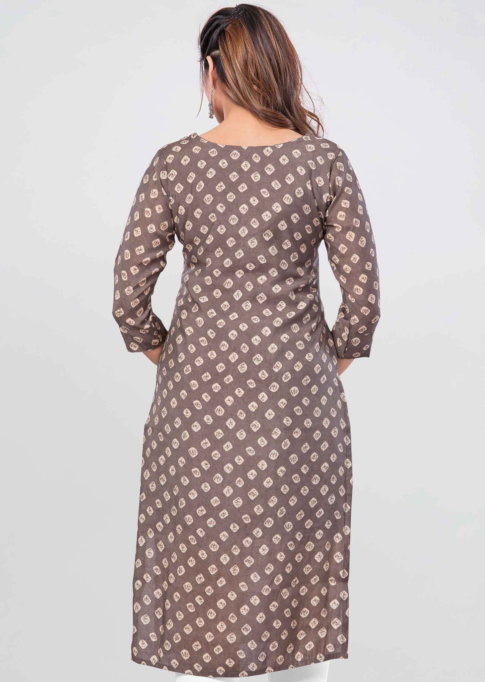 Brown Muslin Printed Straight Cut Kurti