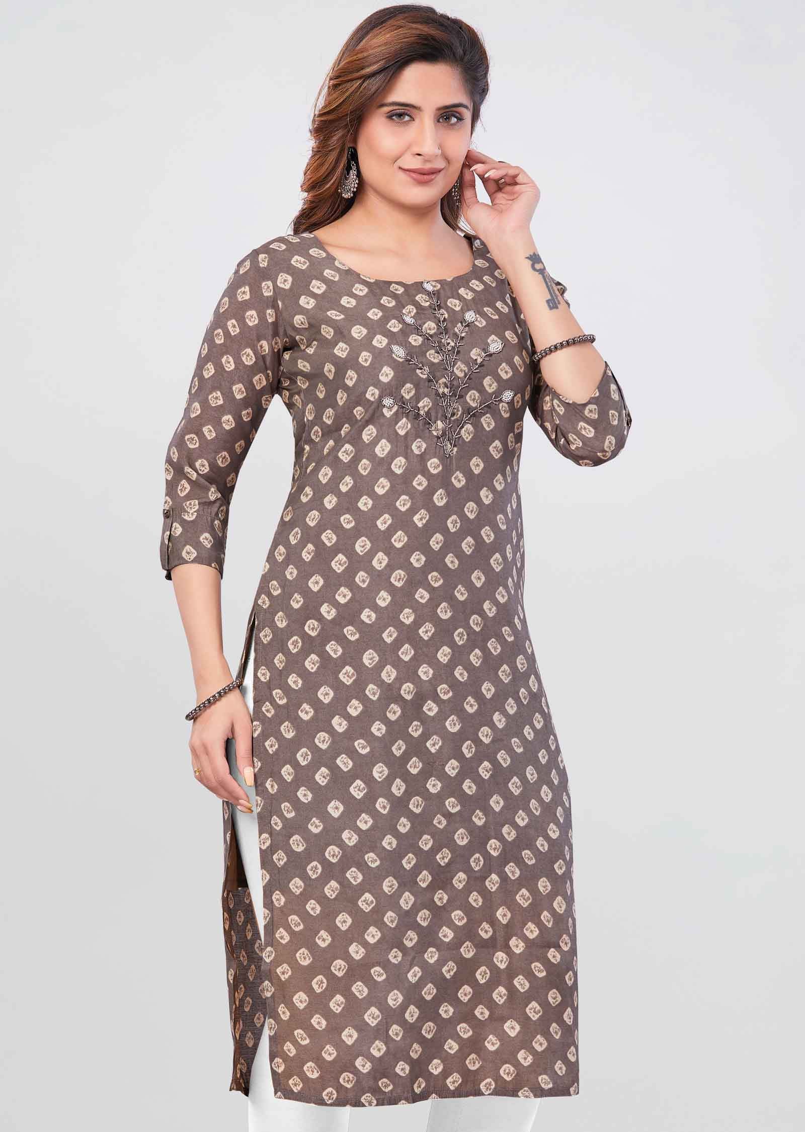 Brown Muslin Printed Straight Cut Kurti