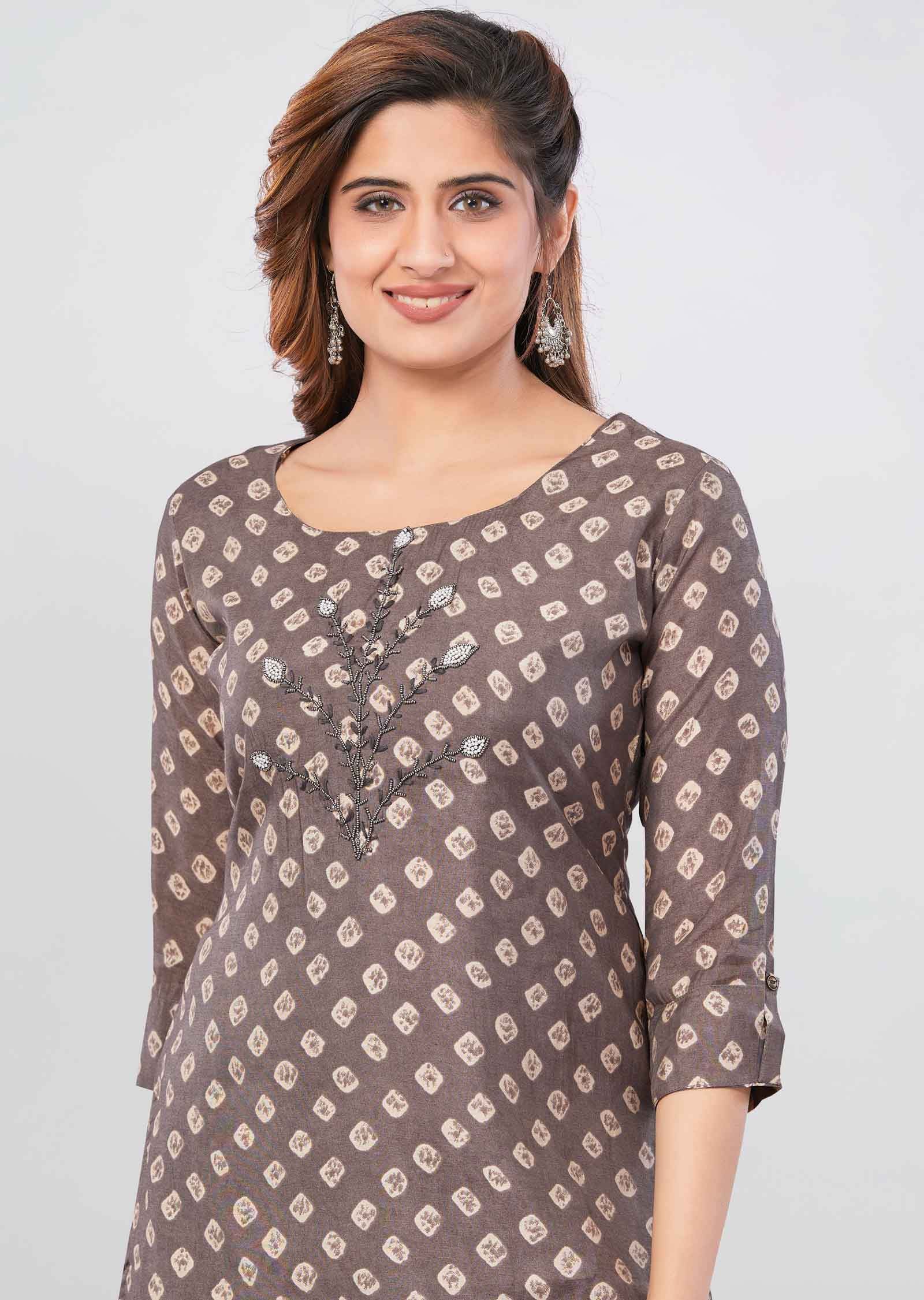 Brown Muslin Printed Straight Cut Kurti