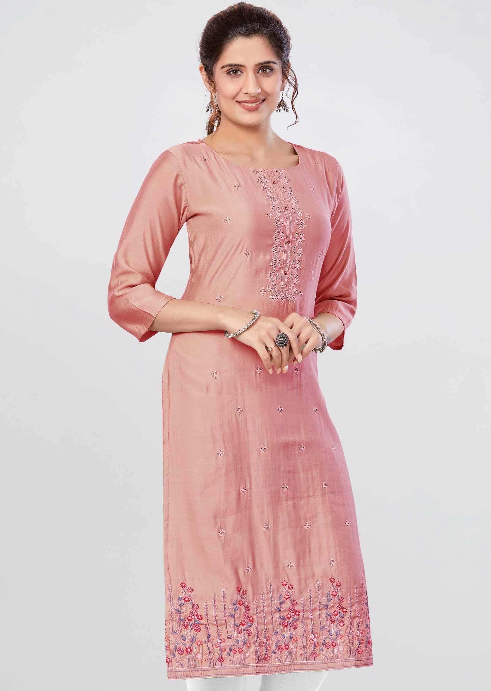 Pink Soft Silk Kurti  Straight Cut