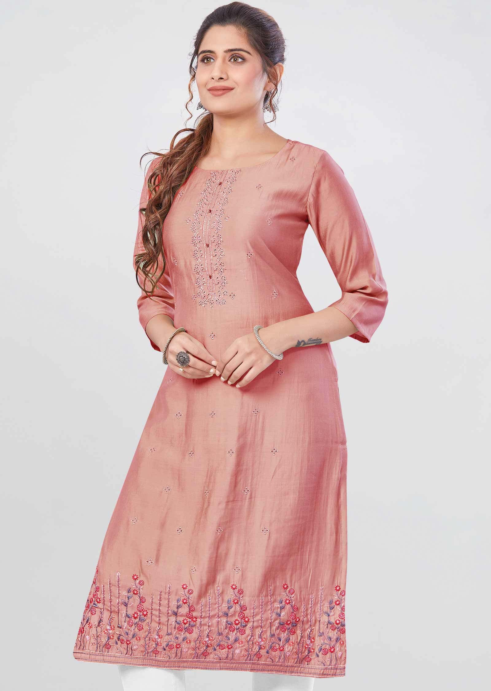 Pink Soft Silk Kurti  Straight Cut