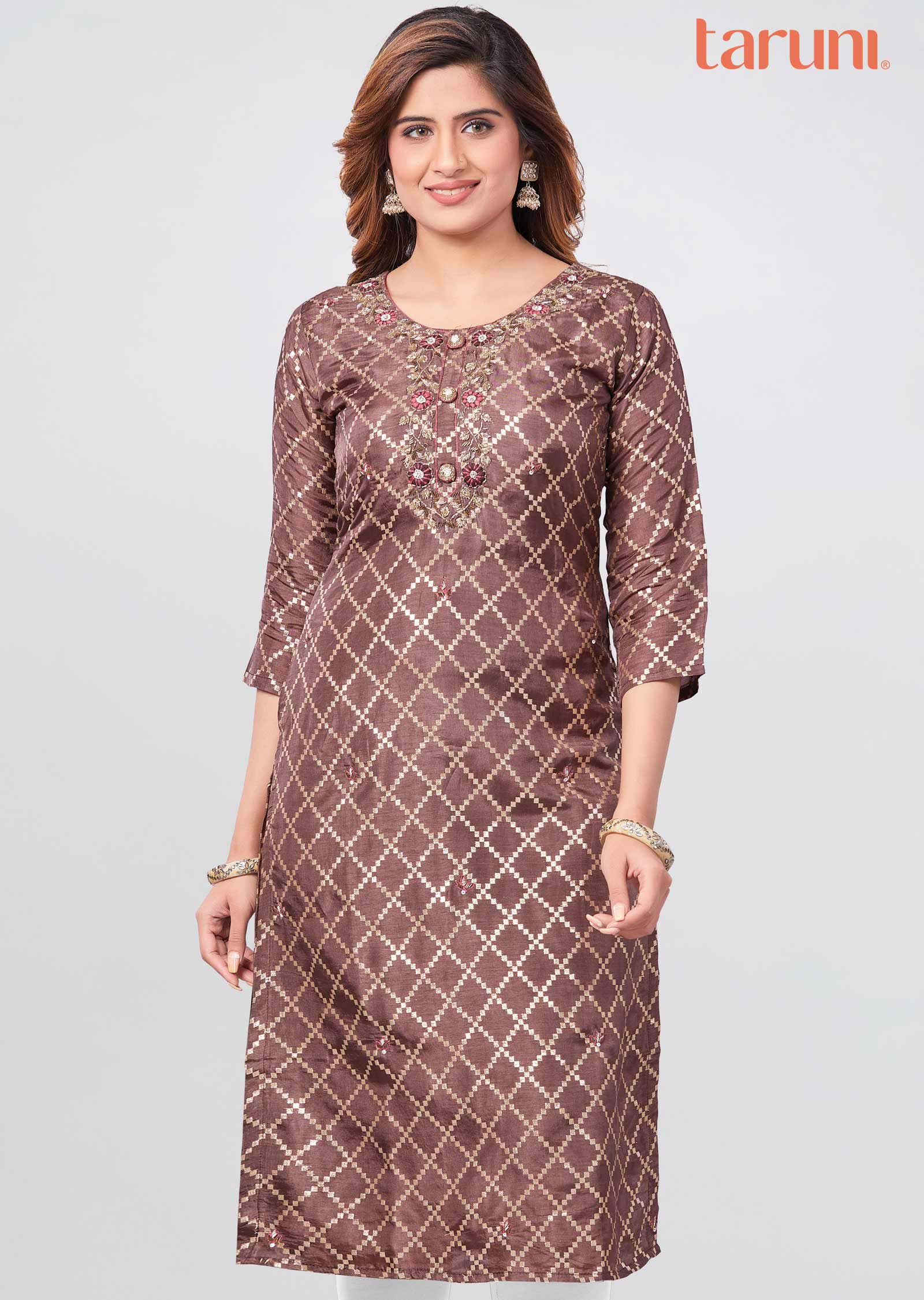 Brown Banaras Embroidered Straight Cut Kurti