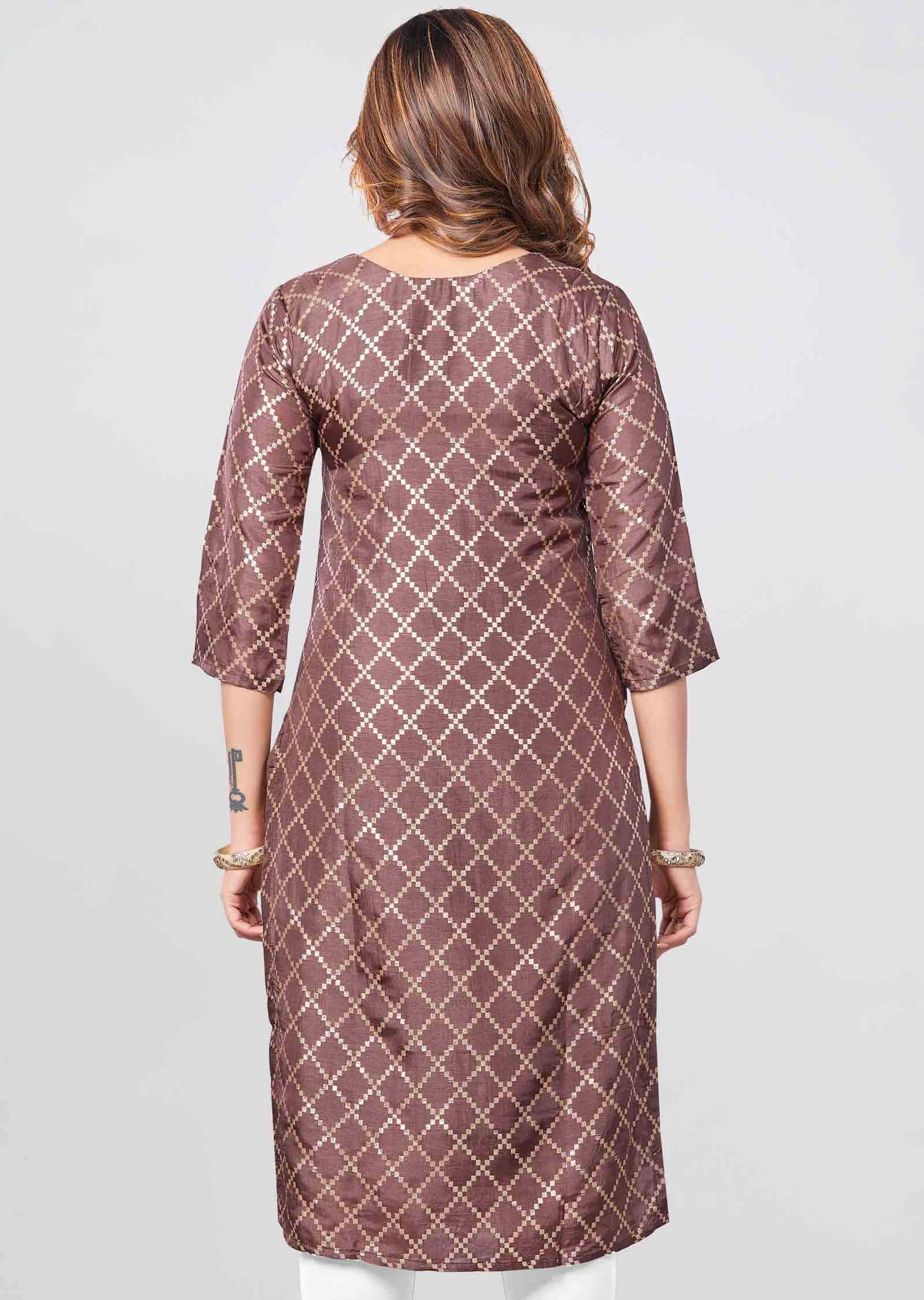 Brown Banaras Embroidered Straight Cut Kurti