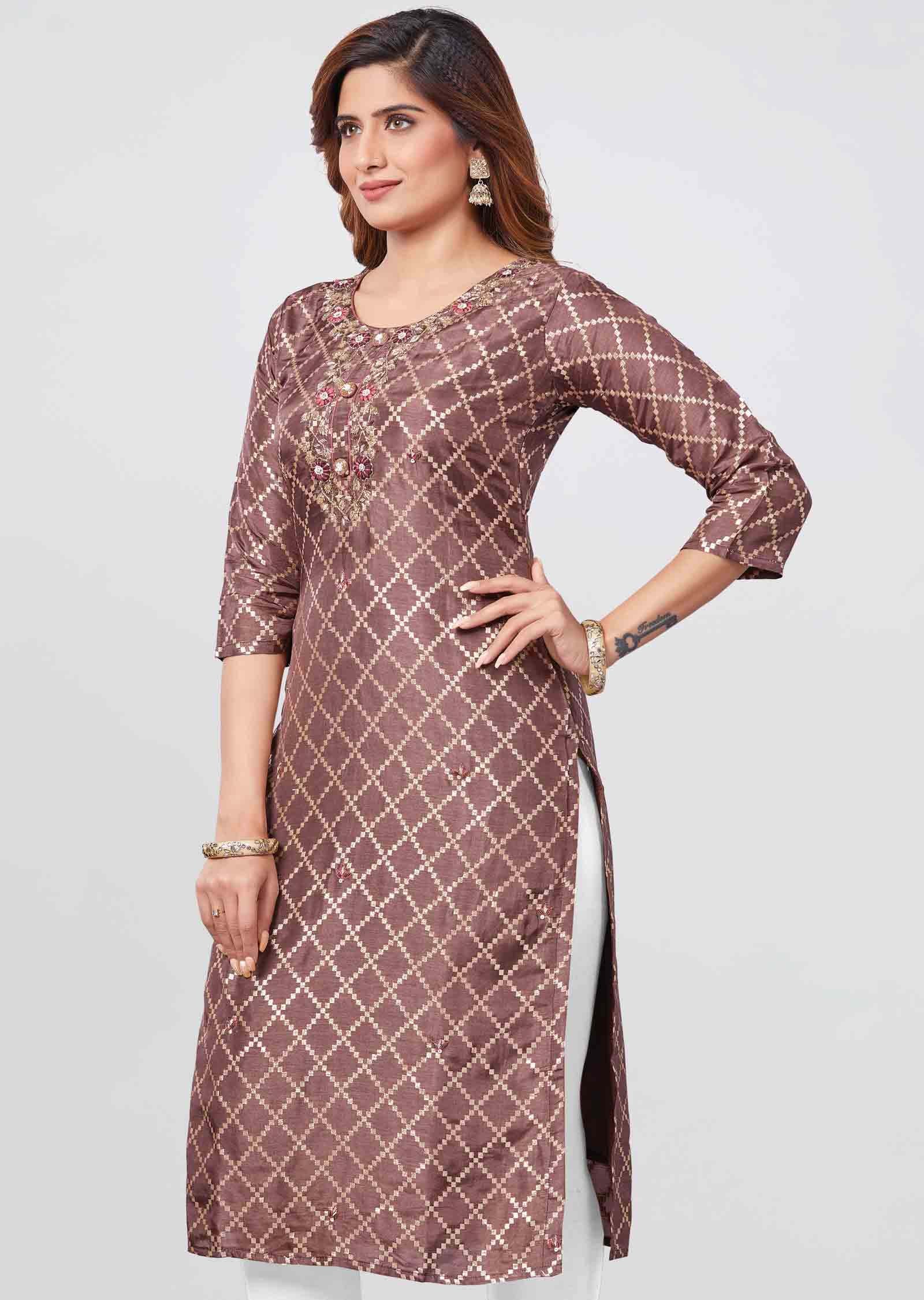 Brown Banaras Embroidered Straight Cut Kurti