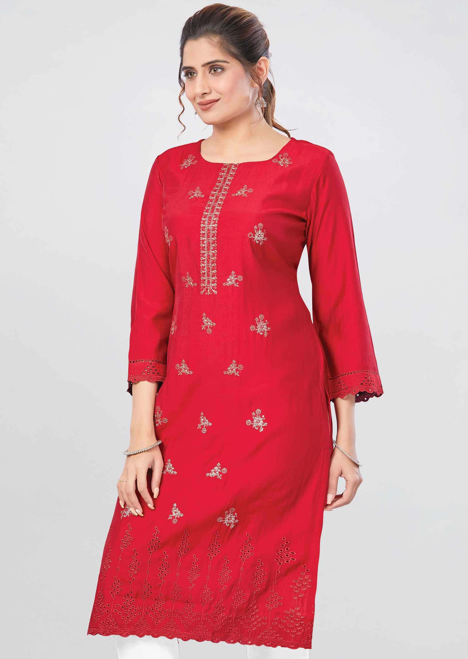 Maroon Modal Chenderi Kurti  Straight Cut