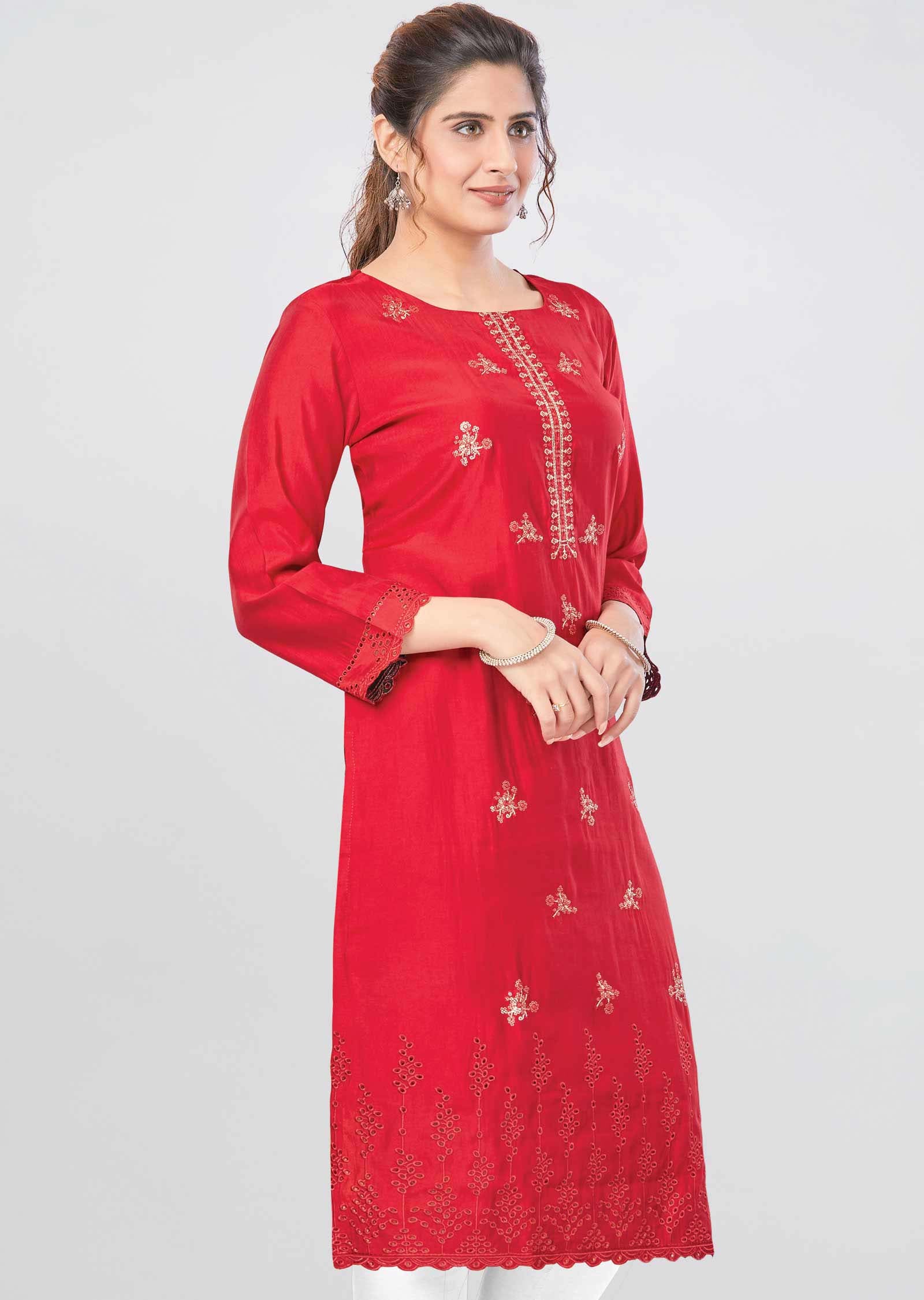 Maroon Modal Chenderi Kurti  Straight Cut