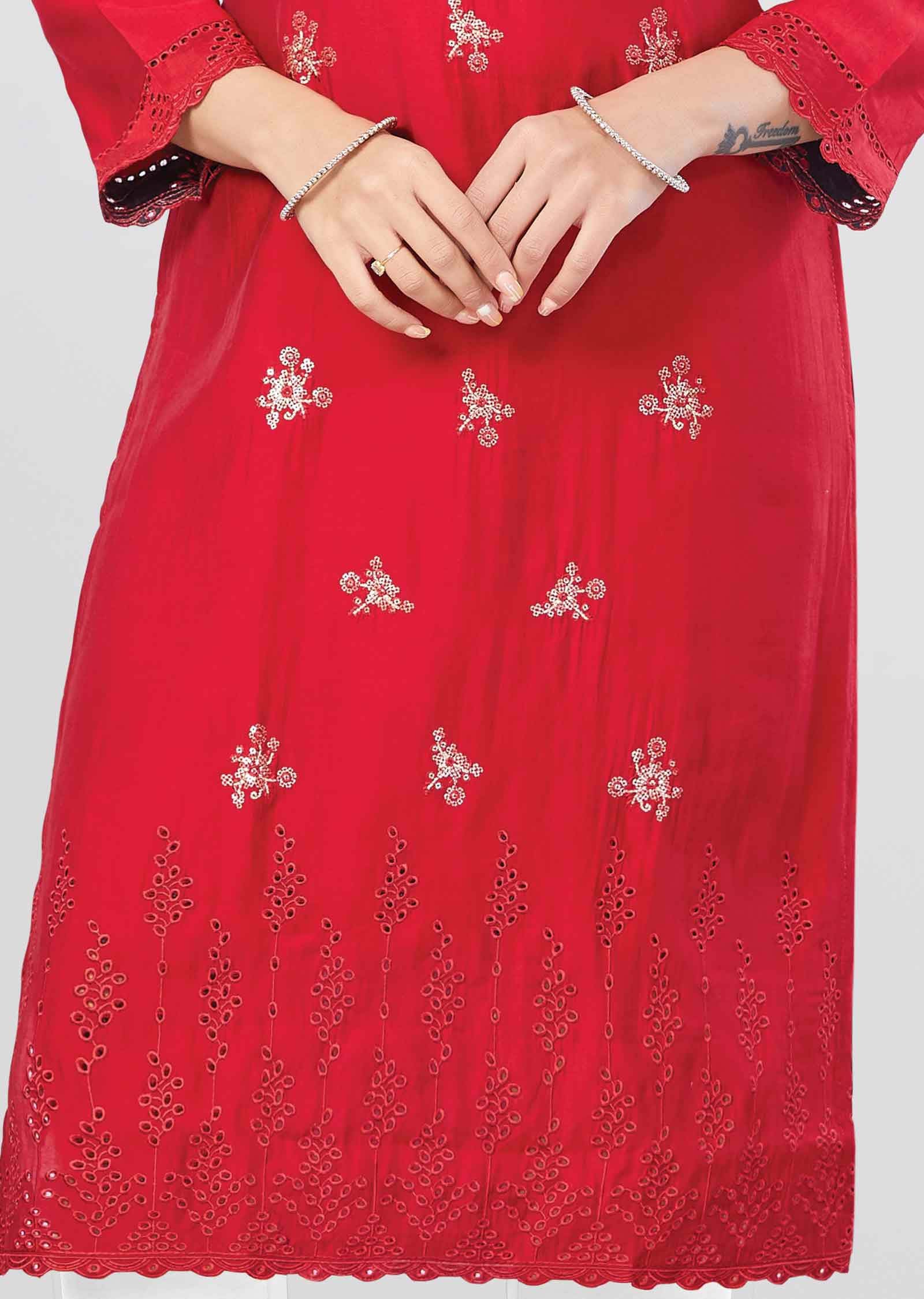 Maroon Modal Chanderi Sequins Straight Cut Kurti