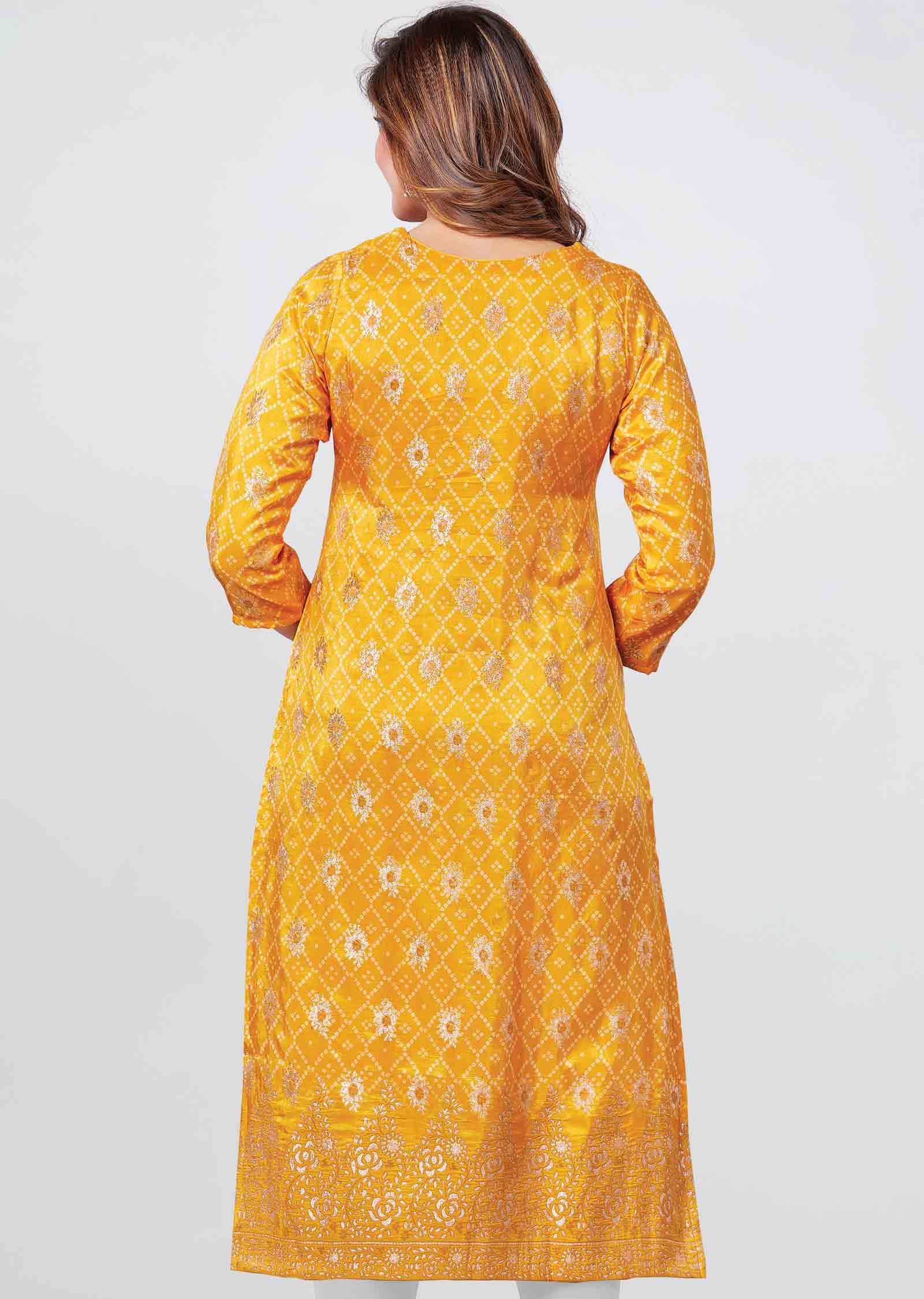 Yellow Banaras Printed Straight Cut Kurti