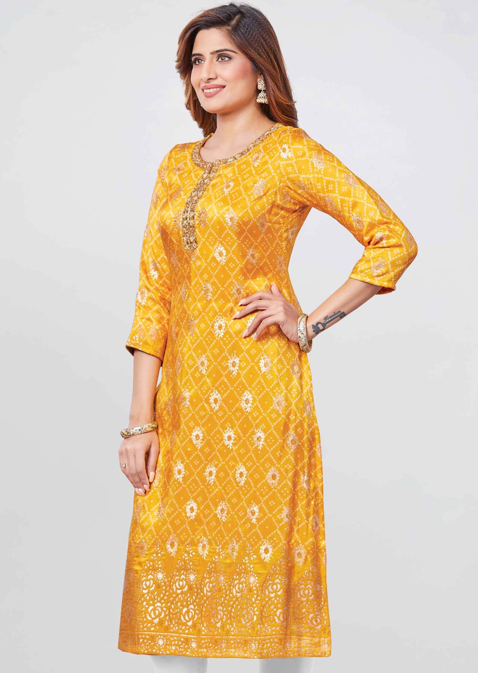 Yellow Banaras Printed Straight Cut Kurti