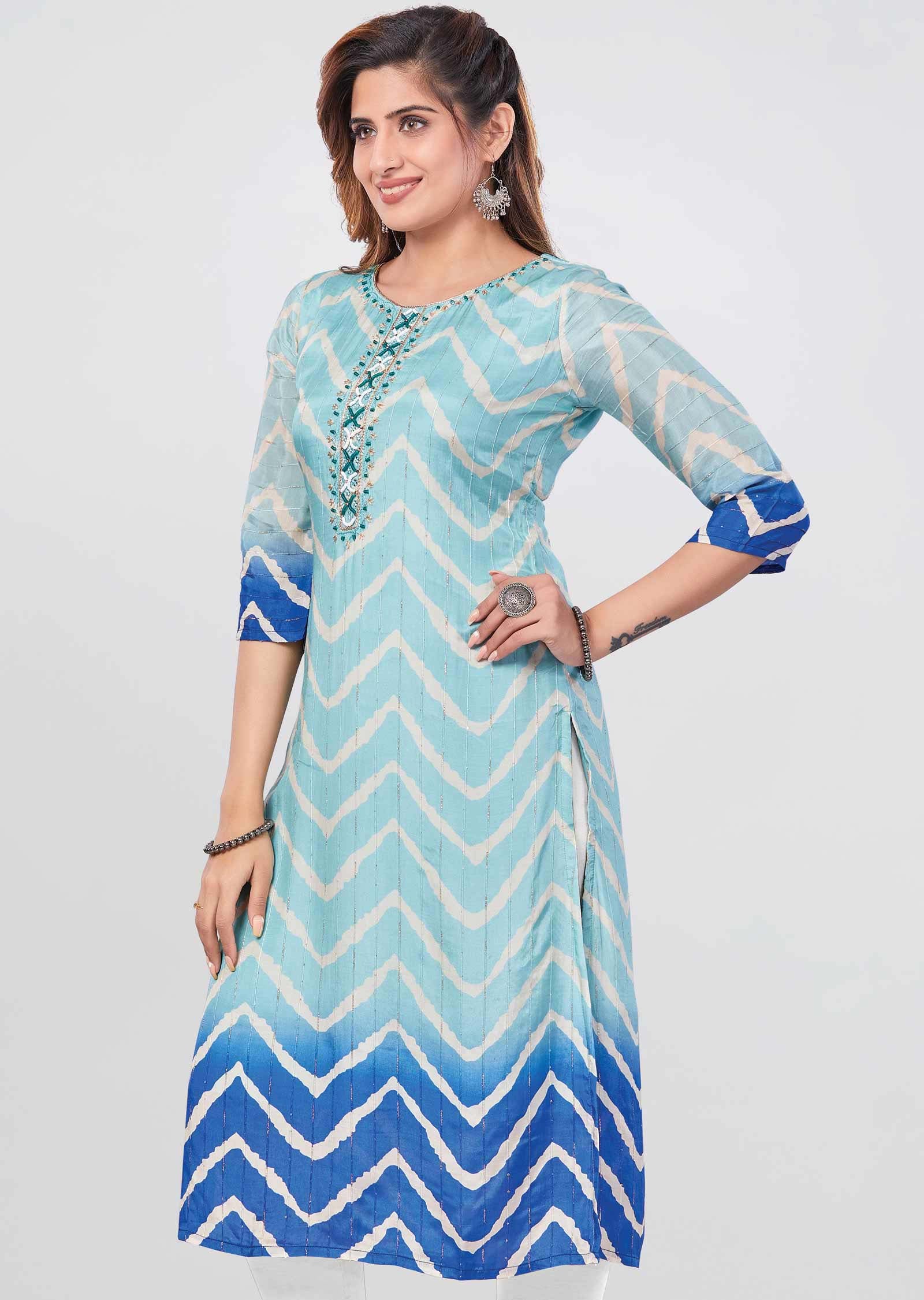 Light Sea Green Muslin Zardosi & Embroidered Straight Cut Kurti