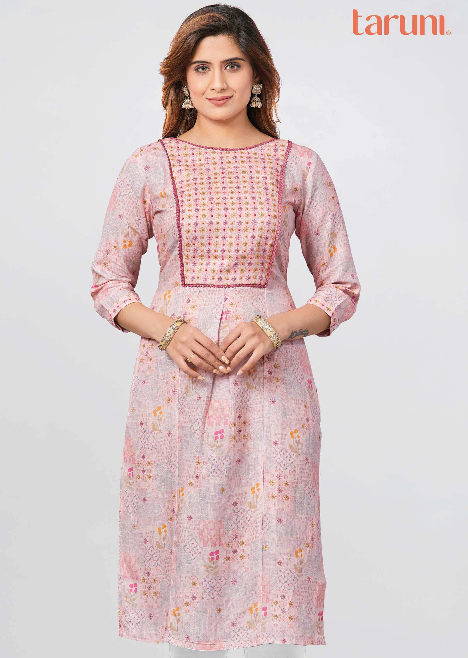 Peach Linen Printed Straight Cut Kurti