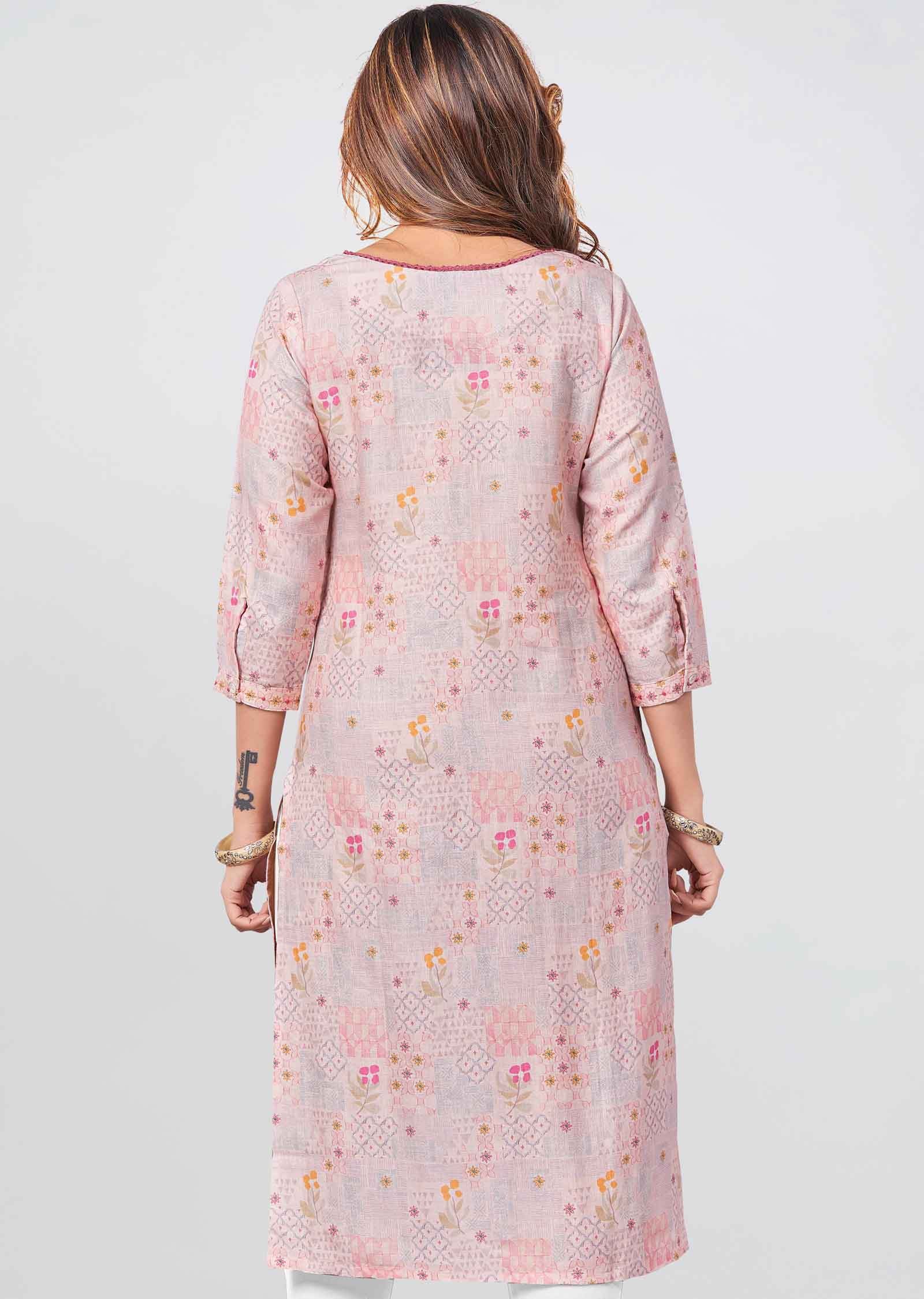 Peach Linen Printed Straight Cut Kurti