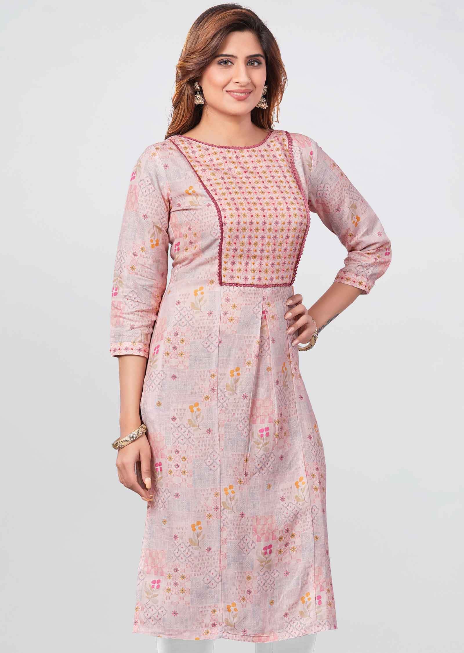 Peach Linen Printed Straight Cut Kurti