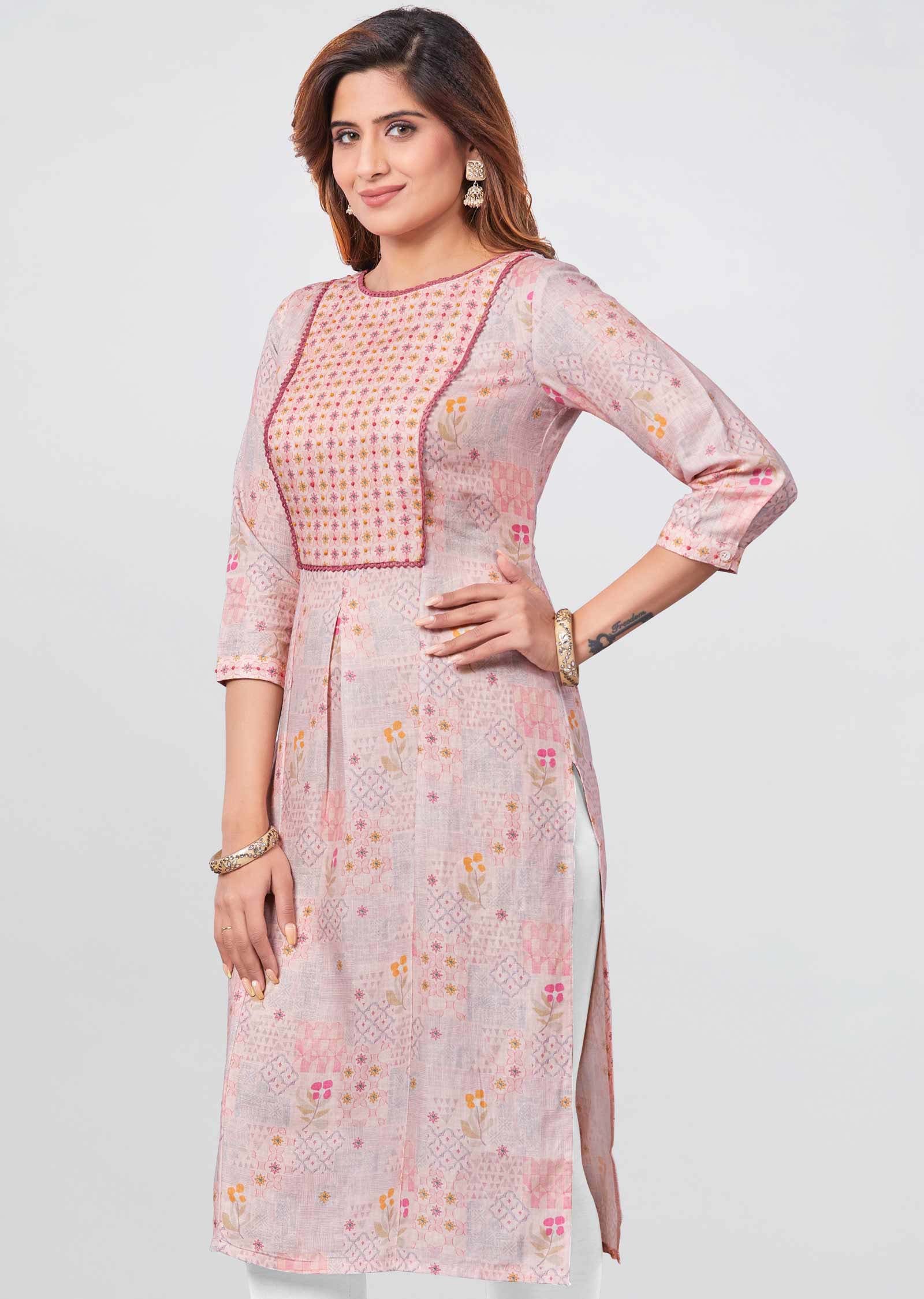 Peach Linen Printed Straight Cut Kurti