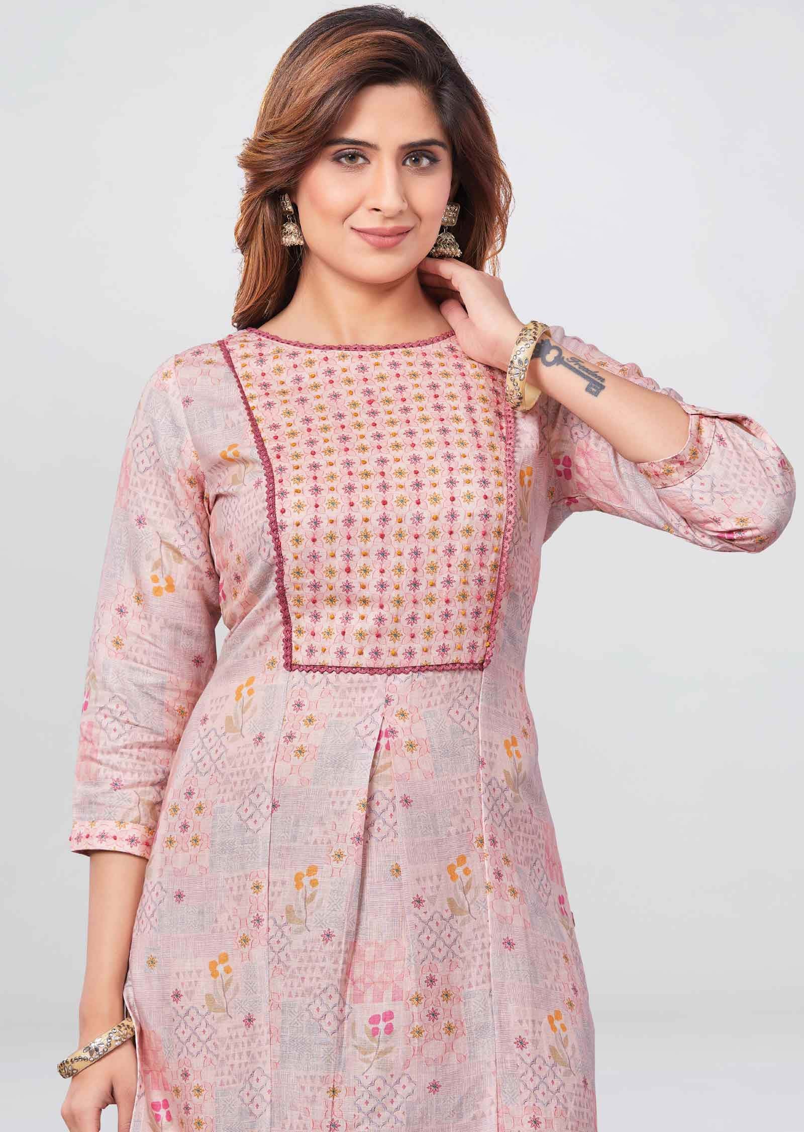 Peach Linen Printed Straight Cut Kurti