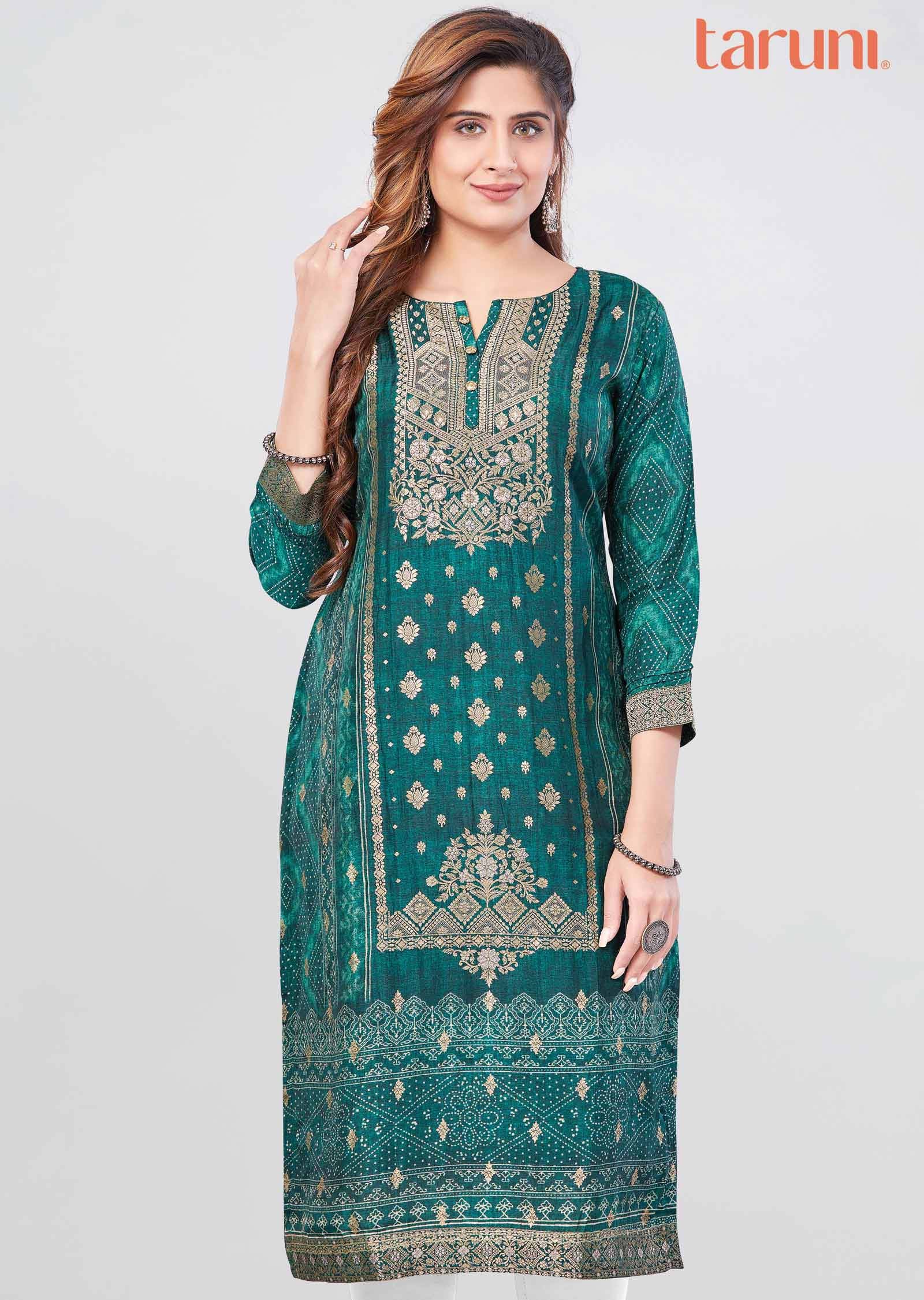 Green Banaras Printed Straight Cut Kurti