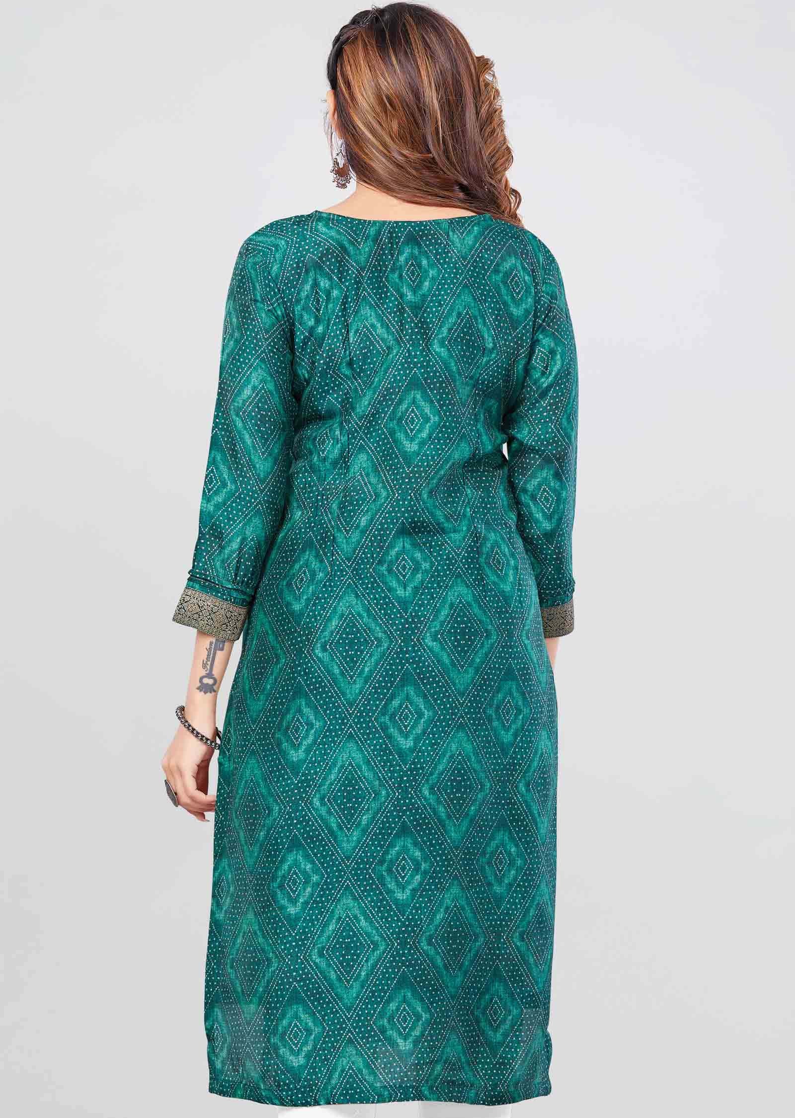 Green Banaras Printed Straight Cut Kurti