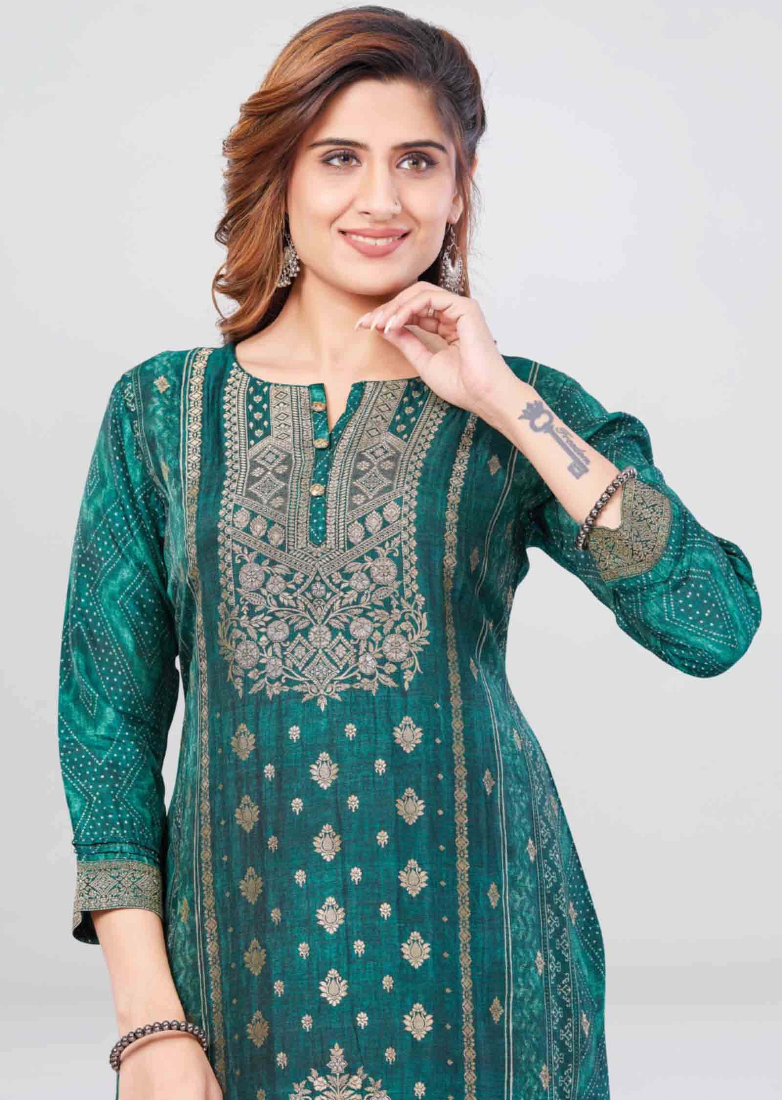 Green Banaras Printed Straight Cut Kurti