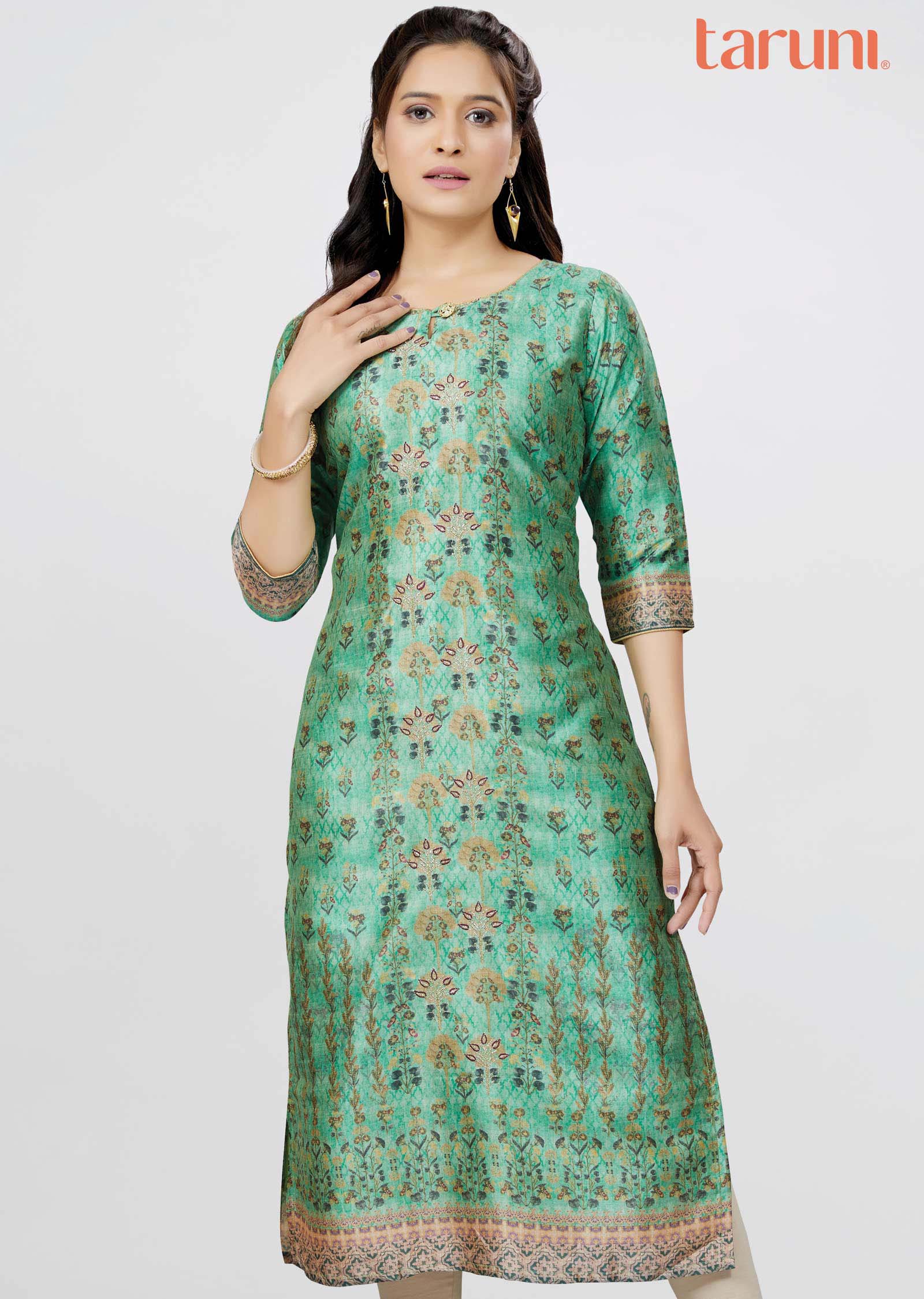 Light Green Chanderi Printed Straight Cut Kurti