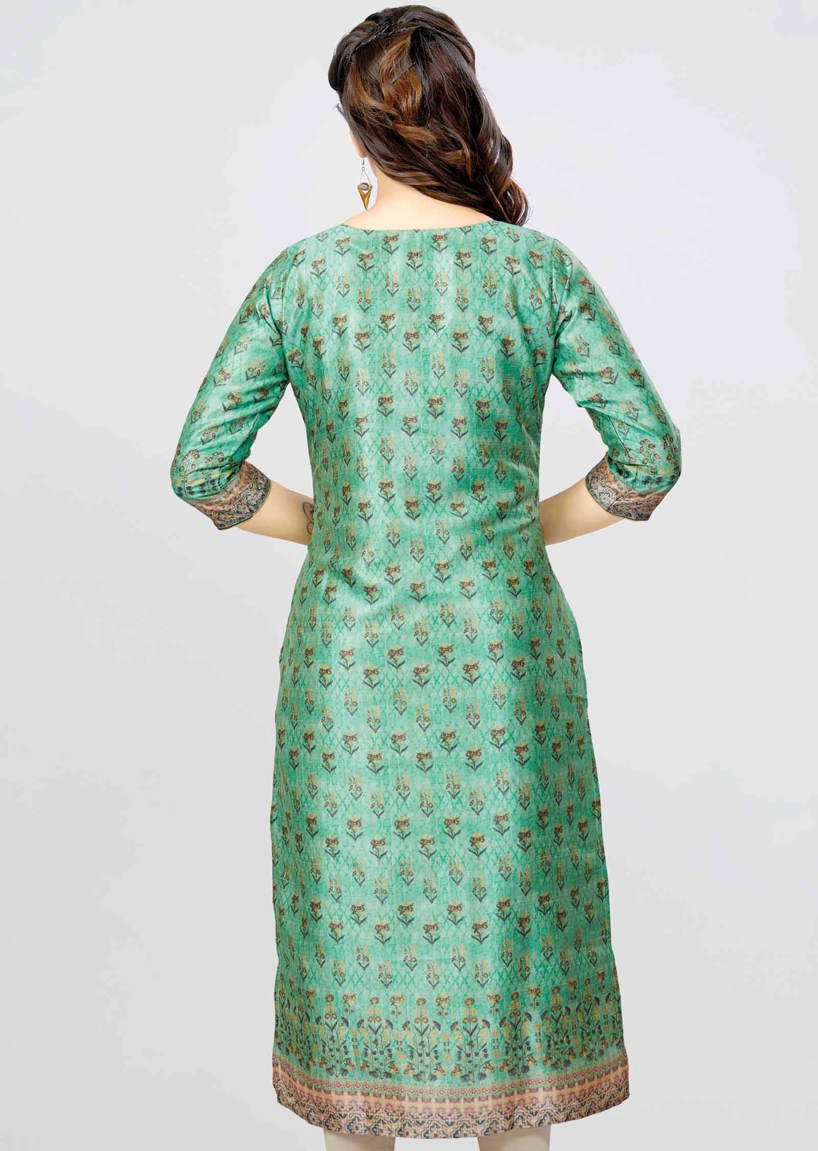 Light Green Chanderi Printed Straight Cut Kurti