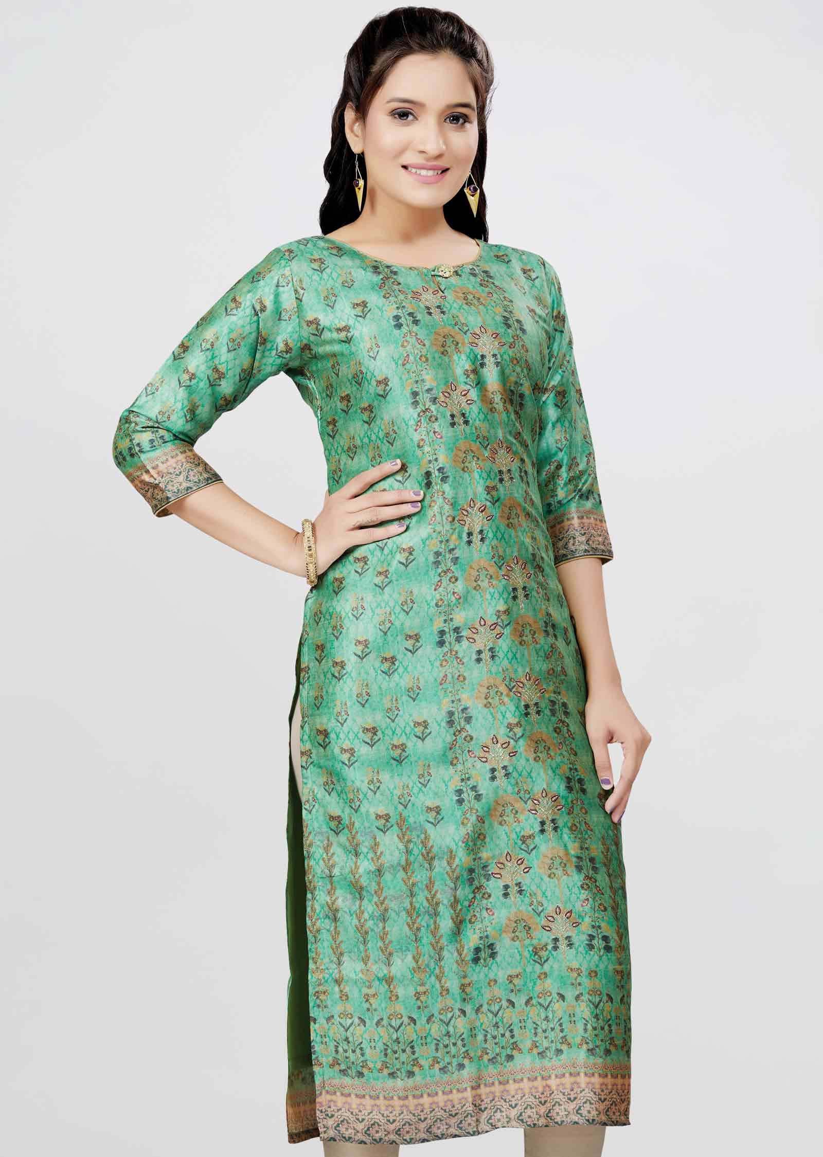 Light Green Chanderi Printed Straight Cut Kurti