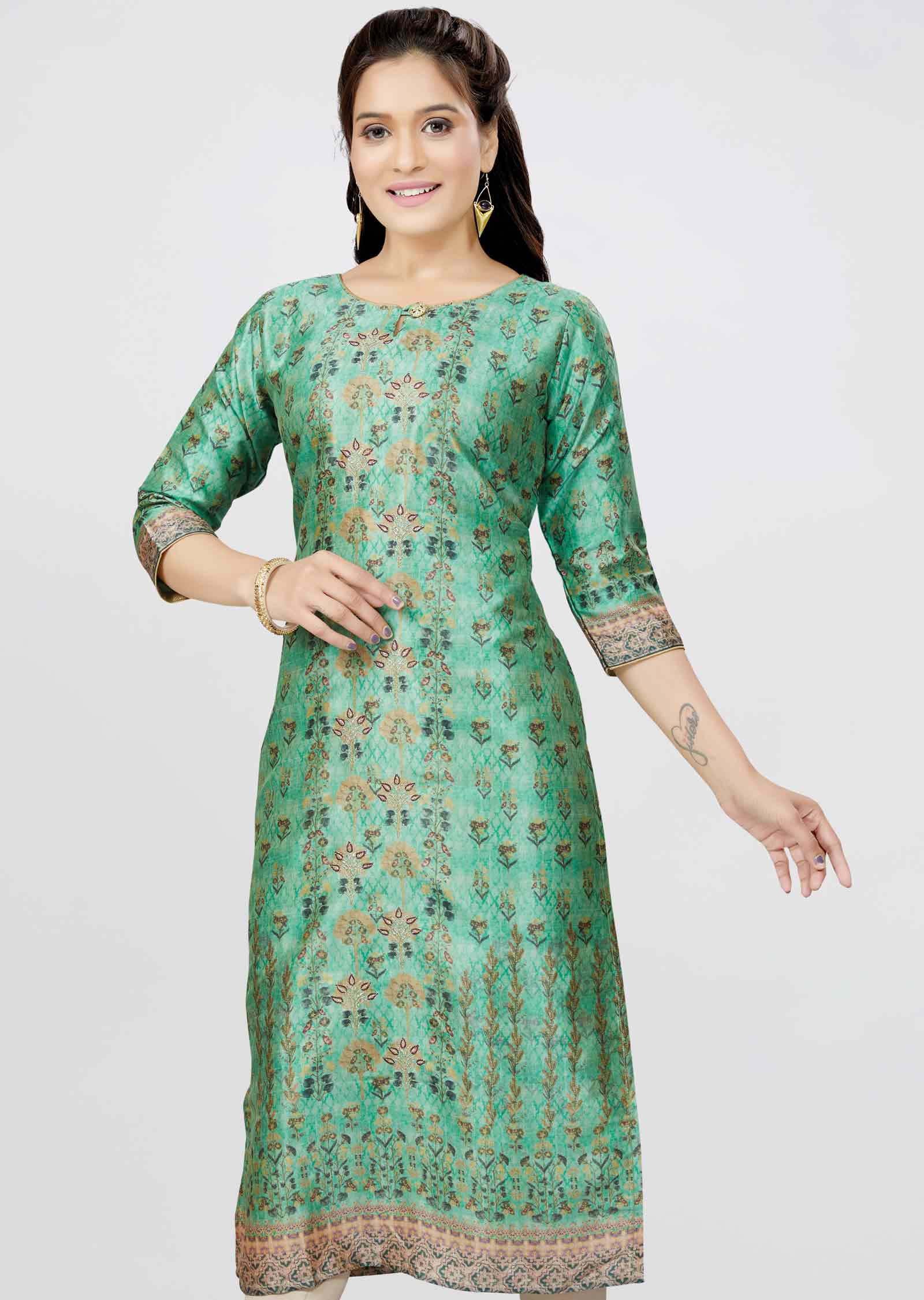 Light Green Chanderi Printed Straight Cut Kurti