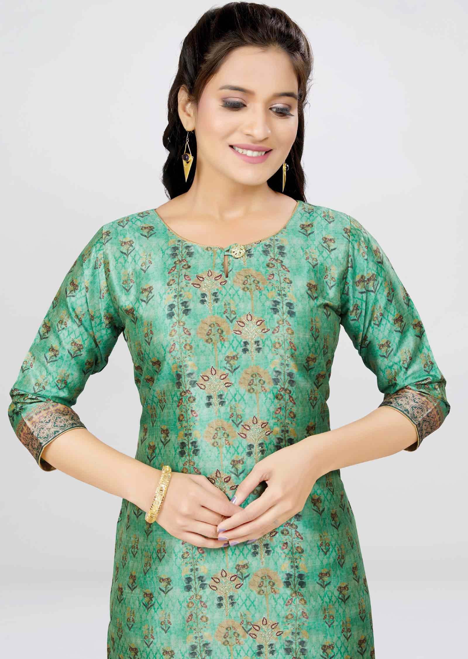 Light Green Chanderi Printed Straight Cut Kurti